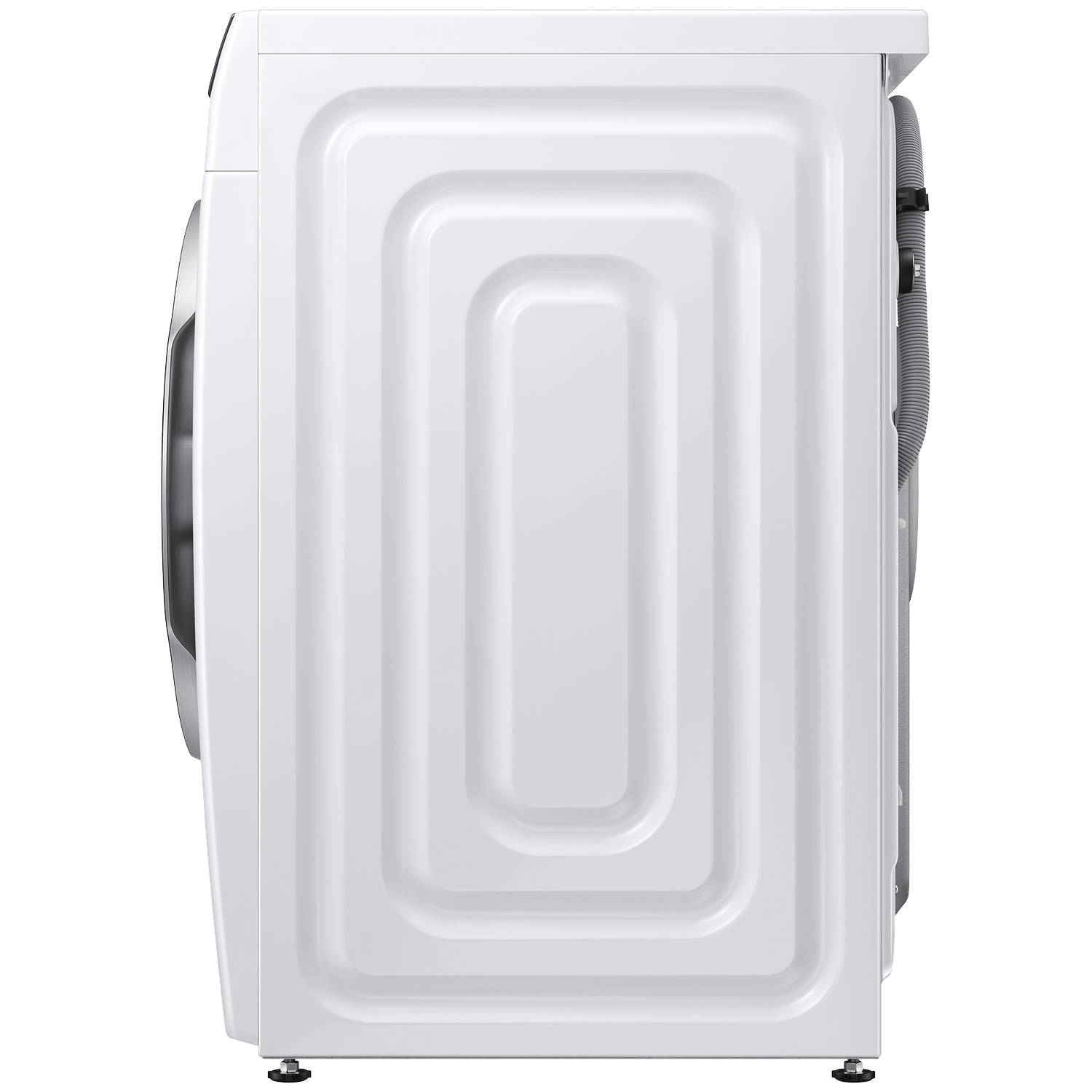 White washing machine seen from the side, with a ribbed hose and adjustable feet.