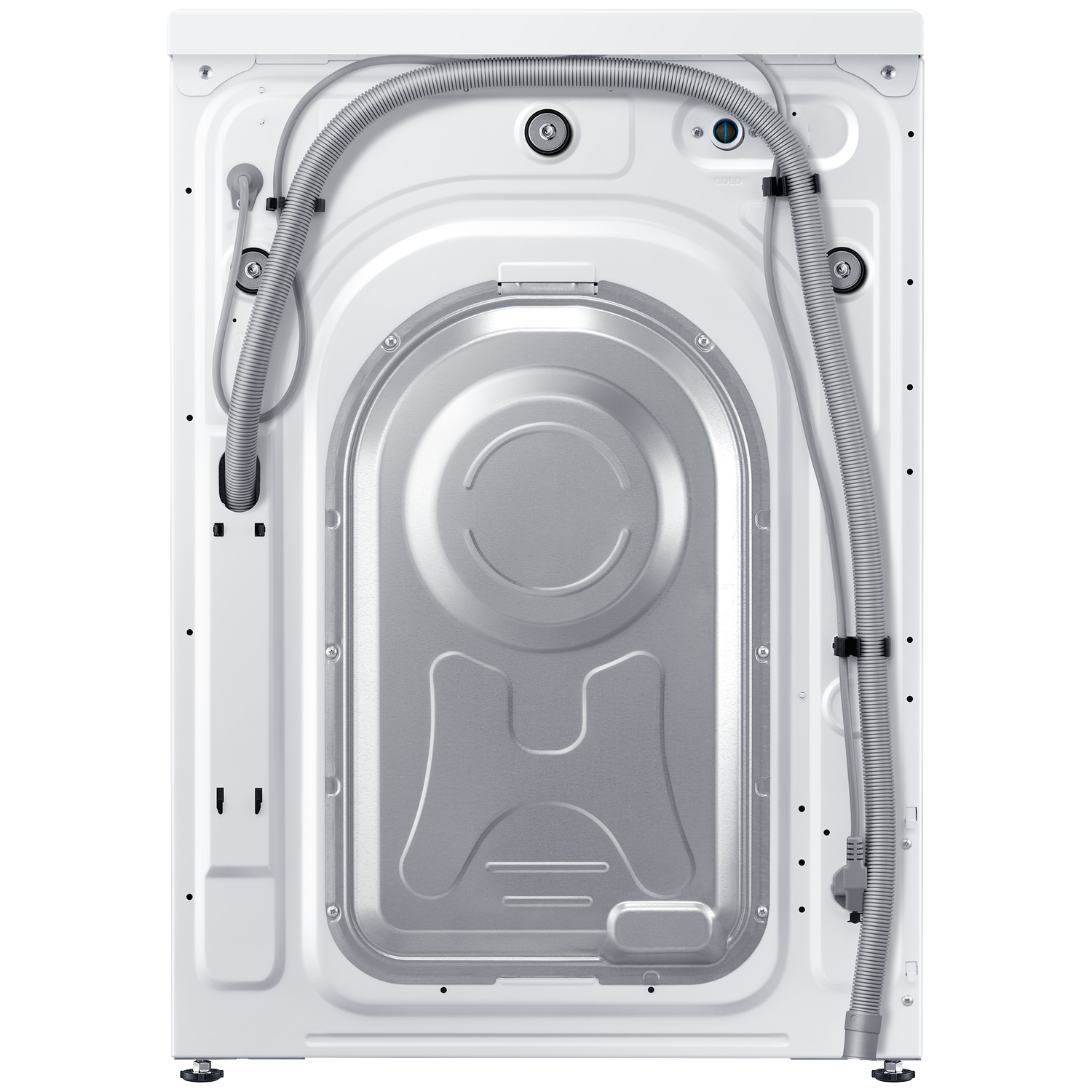 Back of a white washing machine with hoses and a metal cover.