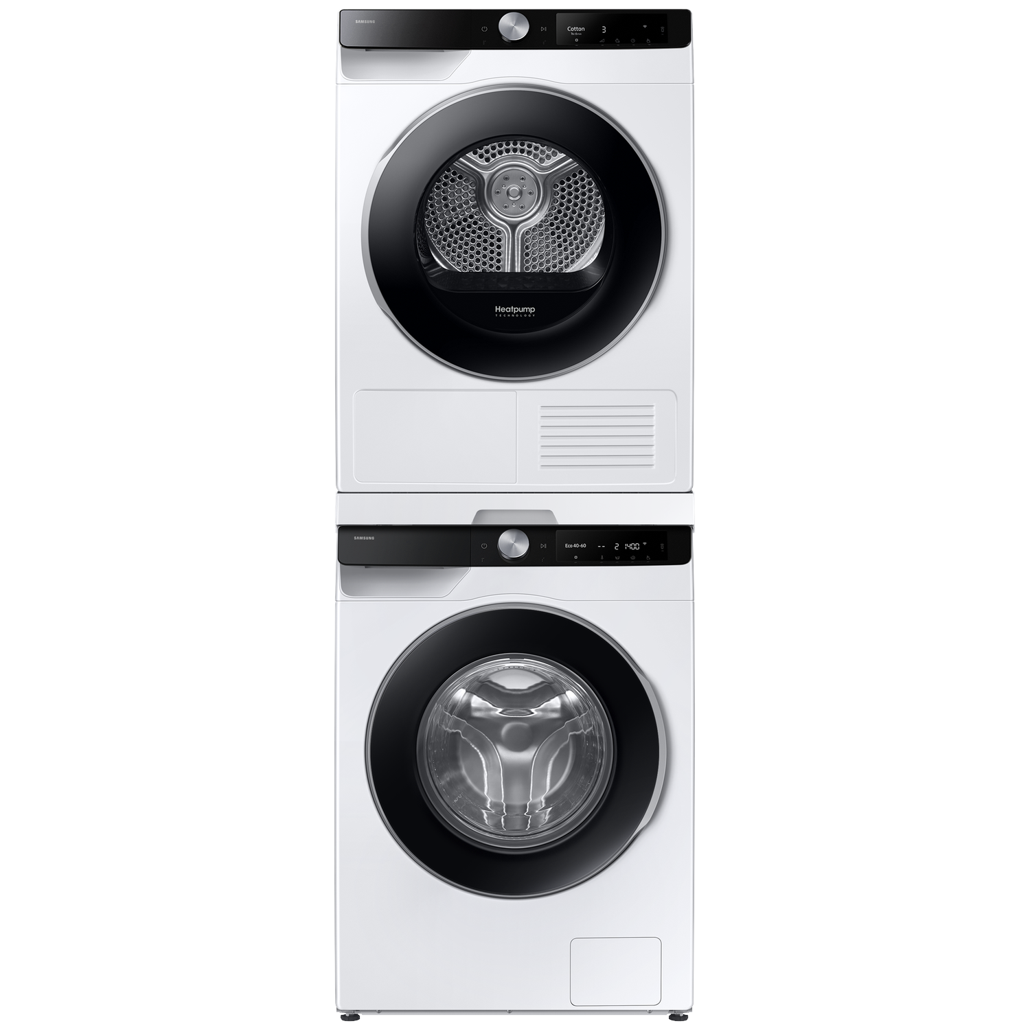 White Samsung washing machine and dryer stacked.