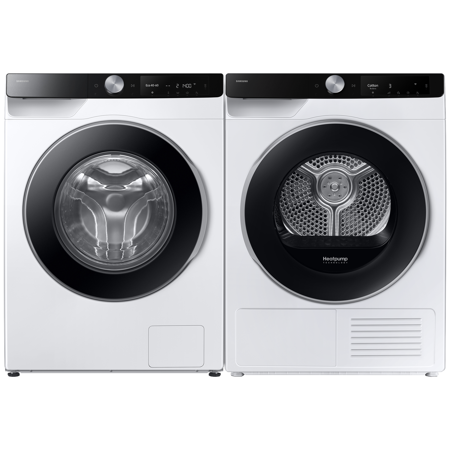 Two white Samsung washing machine and dryer side-by-side with black control panels.