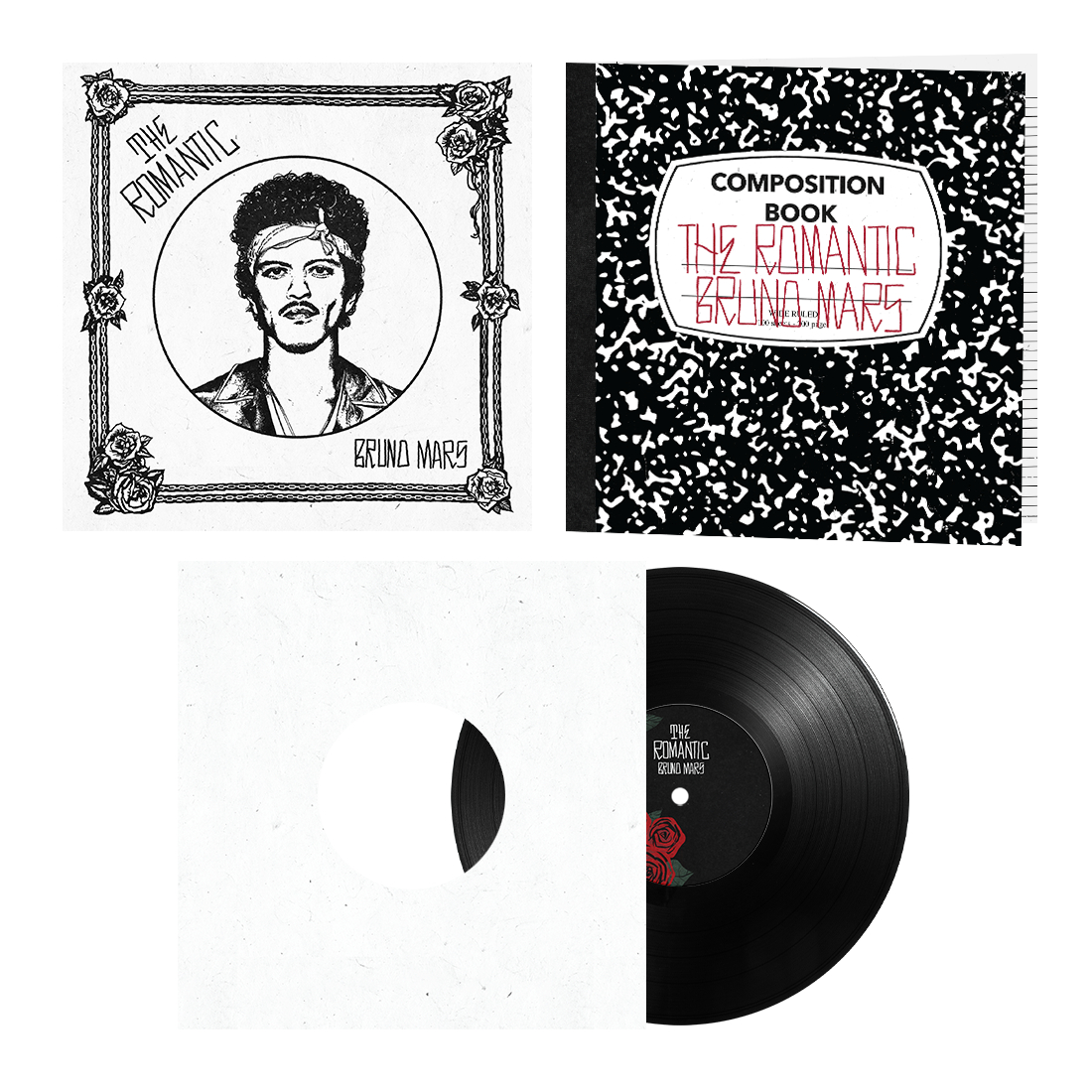 Illustration von Bruno Mars, Notizbuch und Vinyl-Schallplatte.