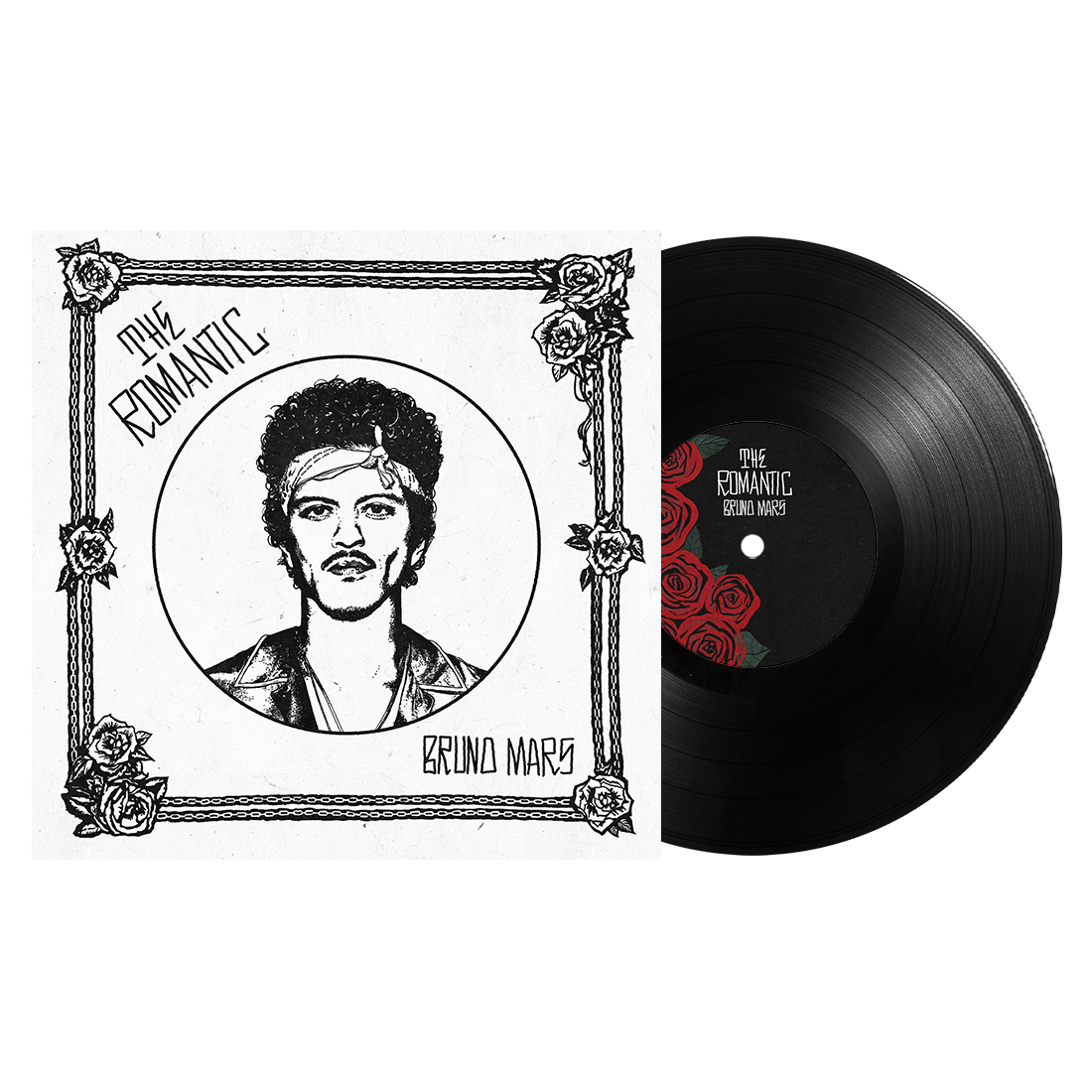 Bruno Mars Albumcover und Schallplatte. Schwarz-weiße Skizze von Mars auf dem Cover.