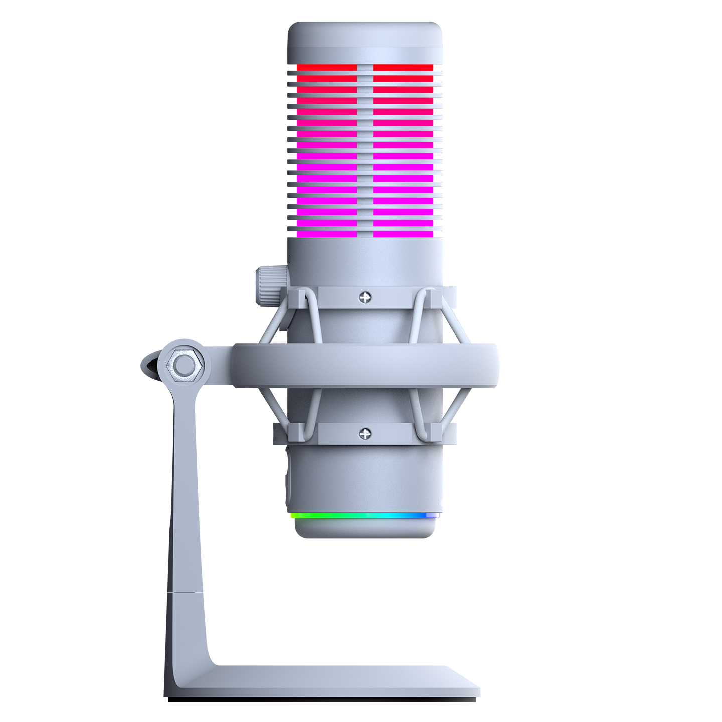 RGB ışık şeritli ve ekolayzır ekranlı gümüş renkli mikrofon.