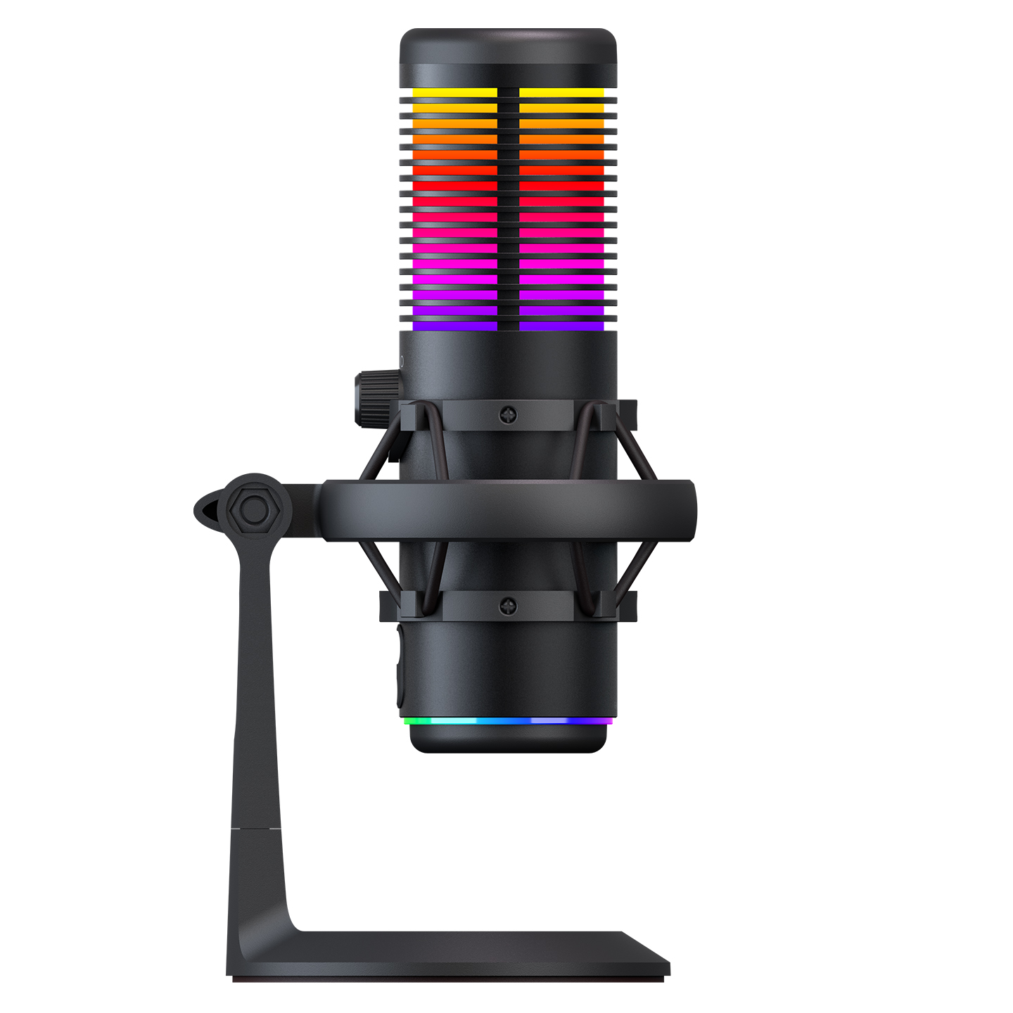 RGB aydınlatmalı ve seviye göstergeli siyah mikrofon.
