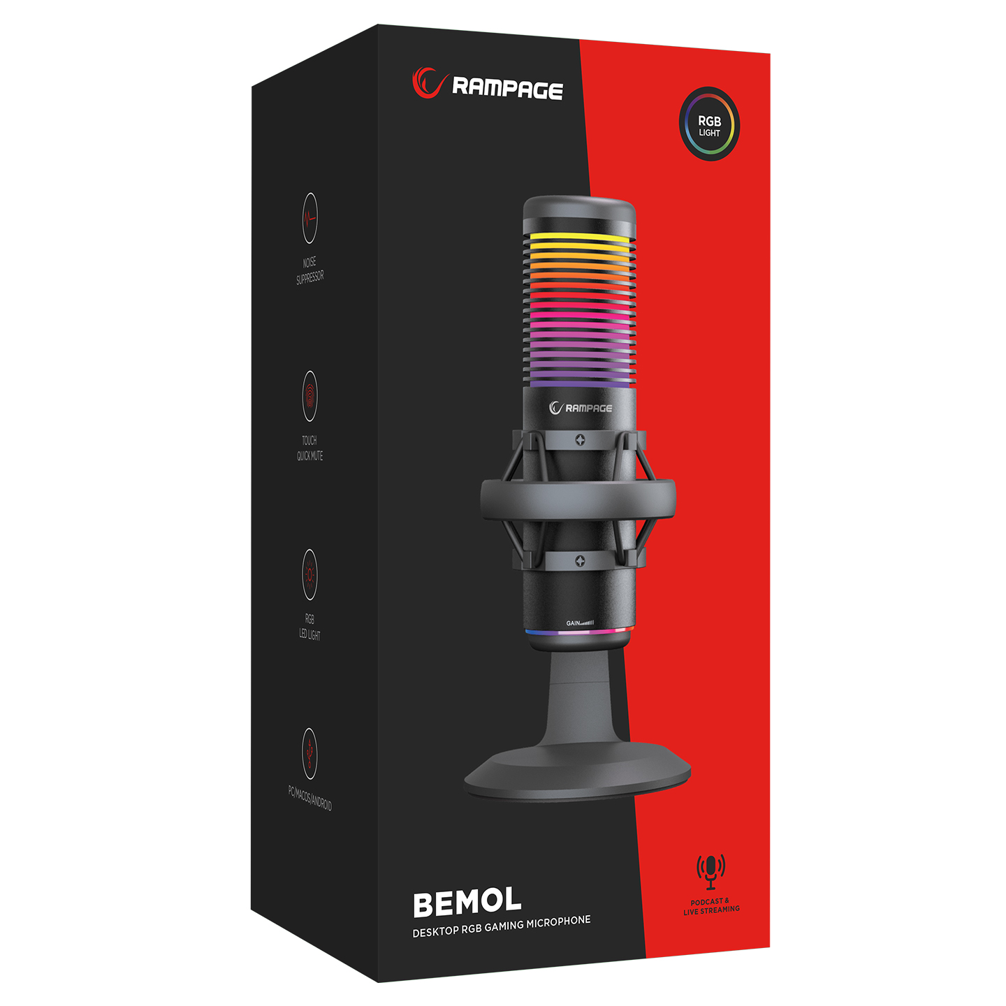 Rampage RGB oyun mikrofonlu siyah kutu. Gürültü önleyici, dokunmatik sessize alma.