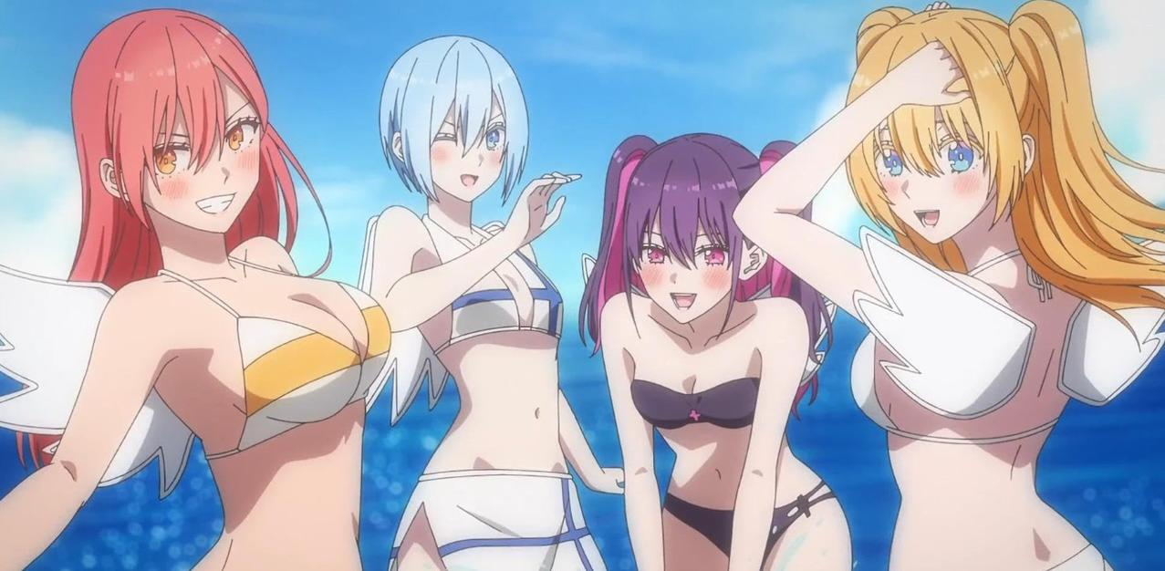 Vier Anime-Mädchen in Bikinis am Strand vor blauem Himmel.
