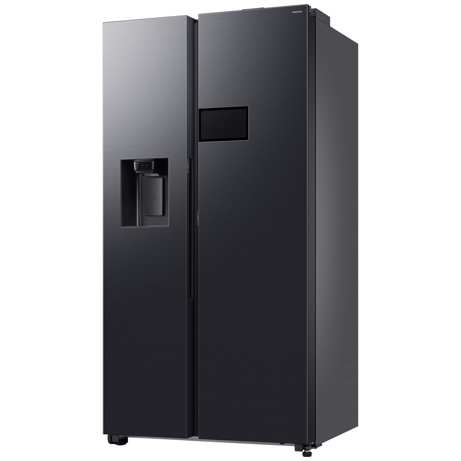 A black Samsung side-by-side refrigerator with a water dispenser.
