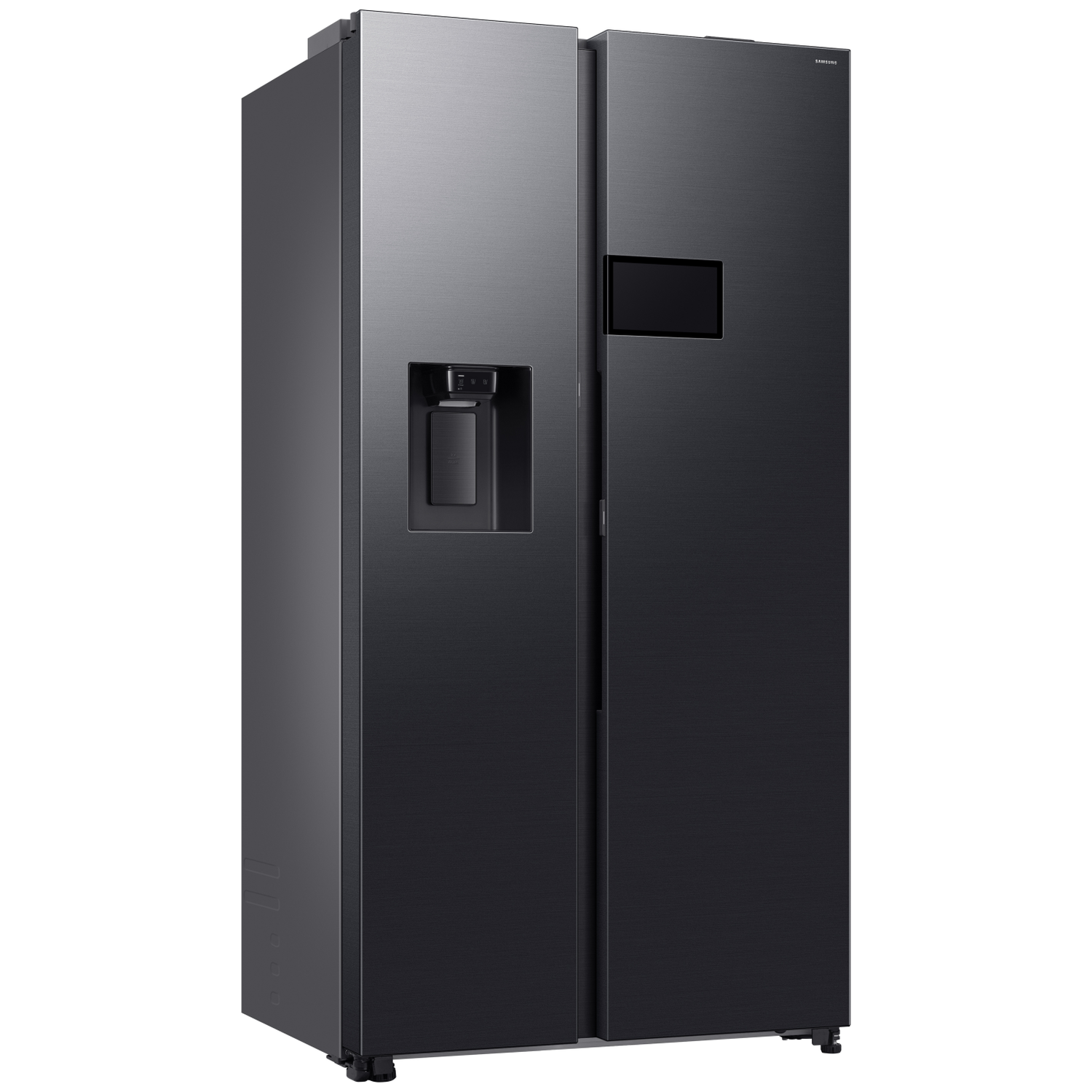 Black Samsung refrigerator with water dispenser and black display.