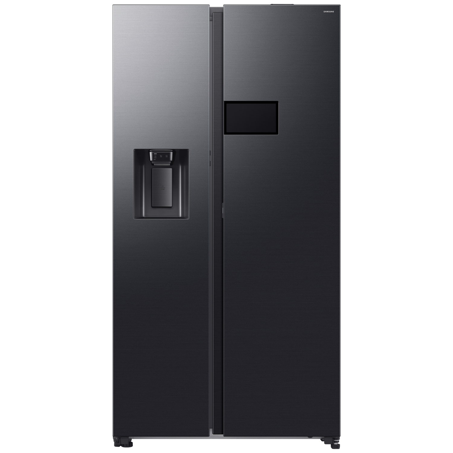 A black Samsung side-by-side refrigerator with a water dispenser.