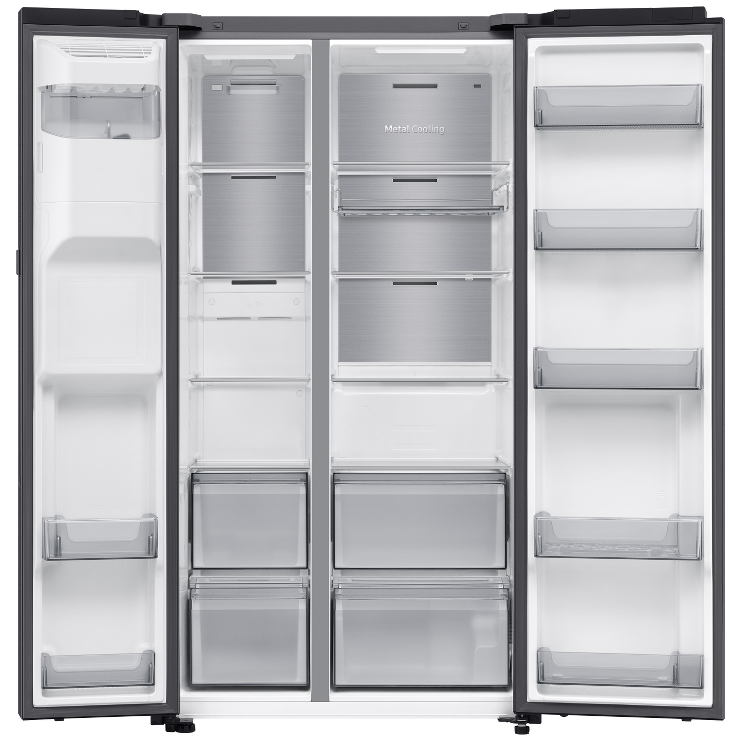 An open, empty double-door refrigerator with multiple shelves and drawers.