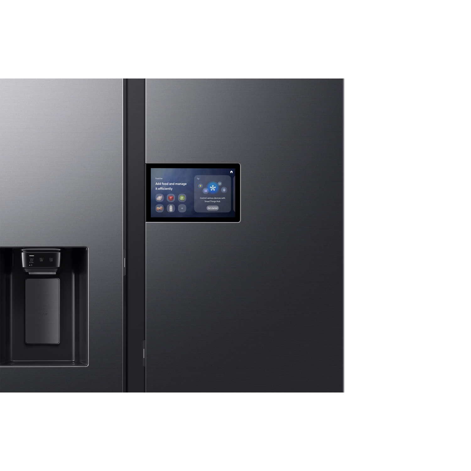 Modern refrigerator with touchscreen for food management and device control.