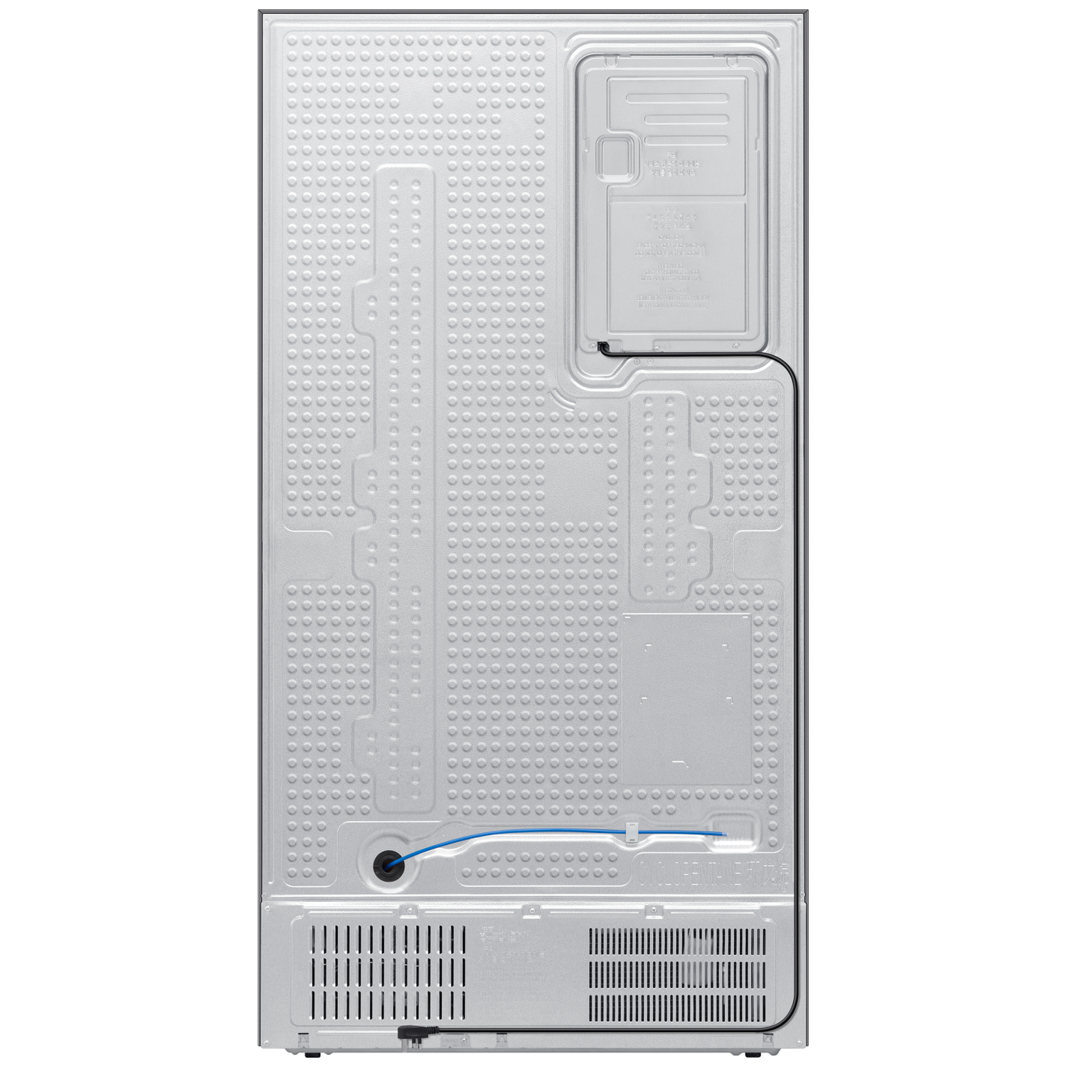 Back of a refrigerator showing cooling pipes and a ventilation grille.