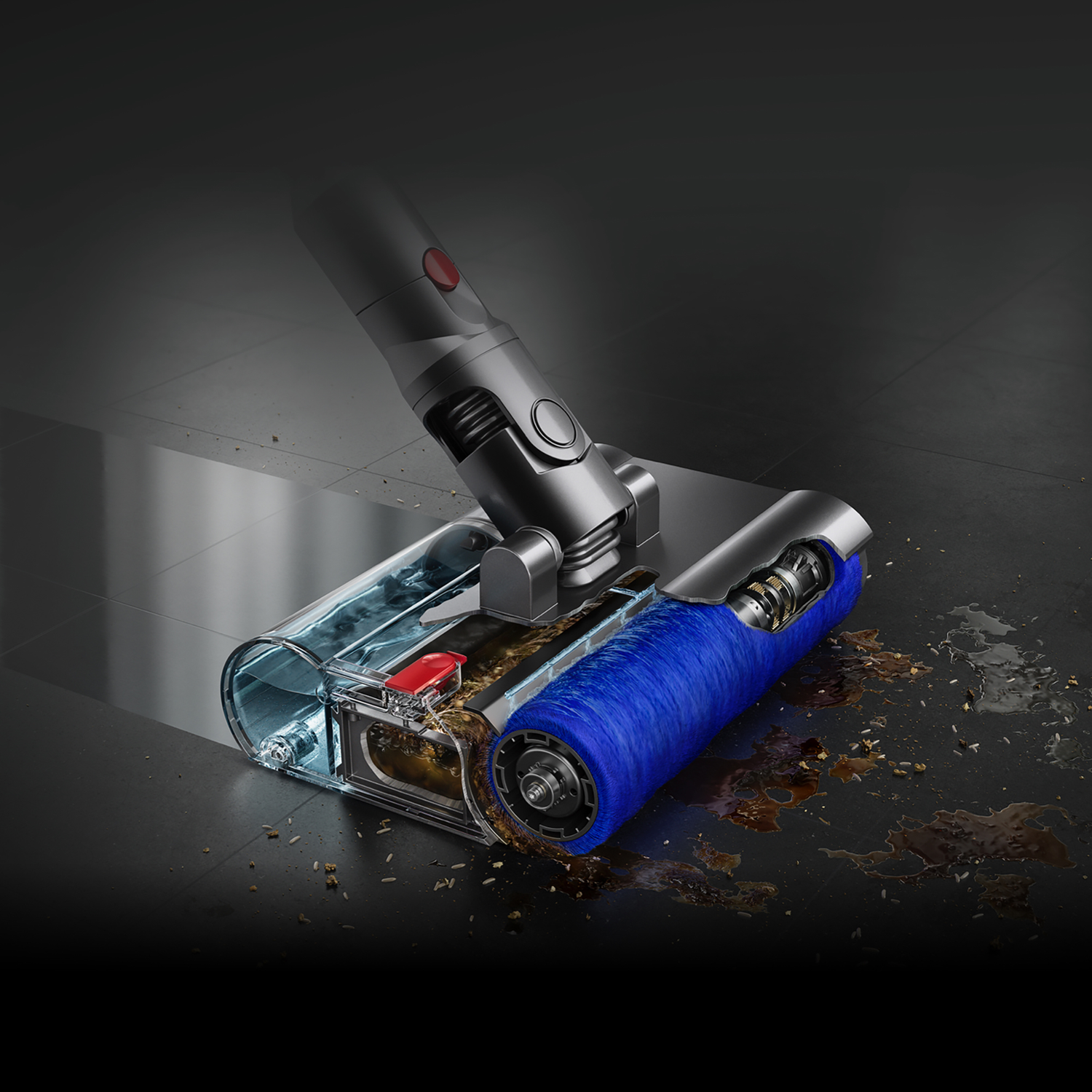 A vacuum cleaner head with a blue brush roll cleans a dirty floor.