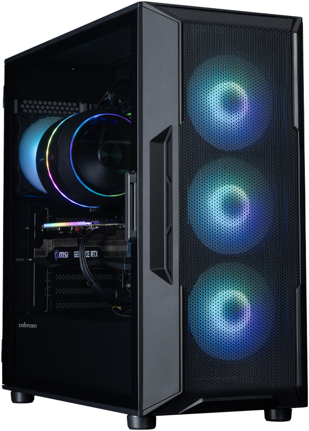 Egy fekete gamer PC RGB ventilátorokkal és látható belső alkatrészekkel.