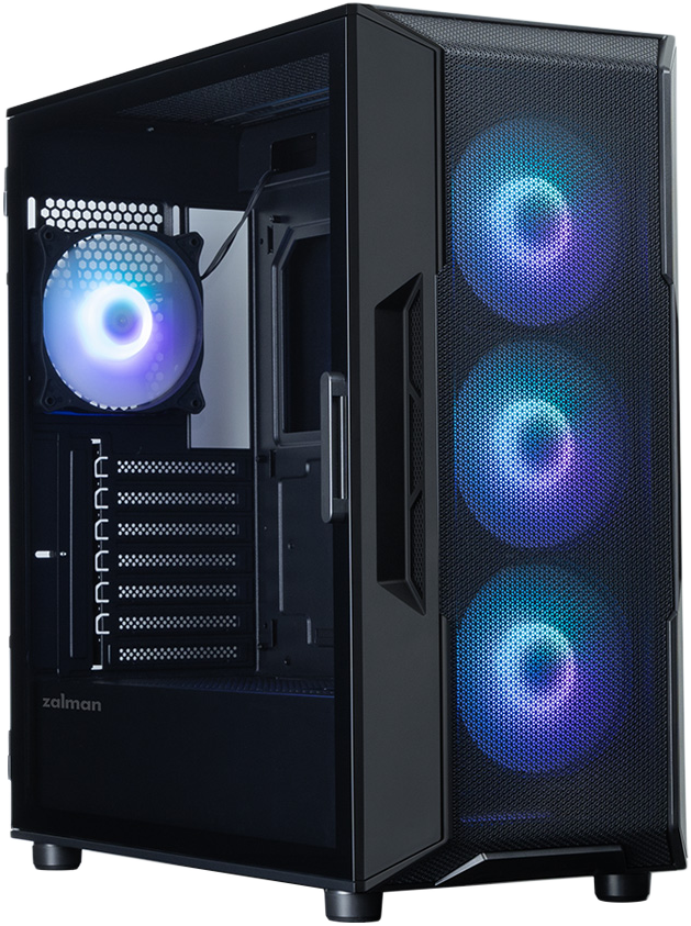 Egy fekete PC ház kék megvilágítású ventilátorokkal.