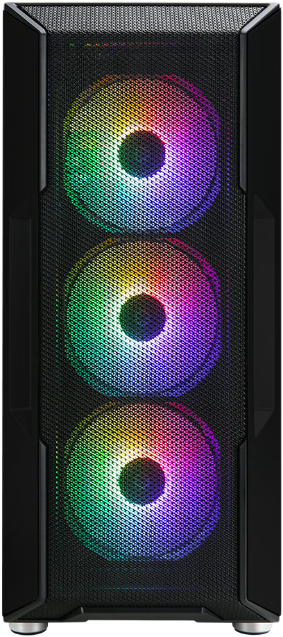 Fekete számítógépház előlap, három RGB világítású ventilátorral.