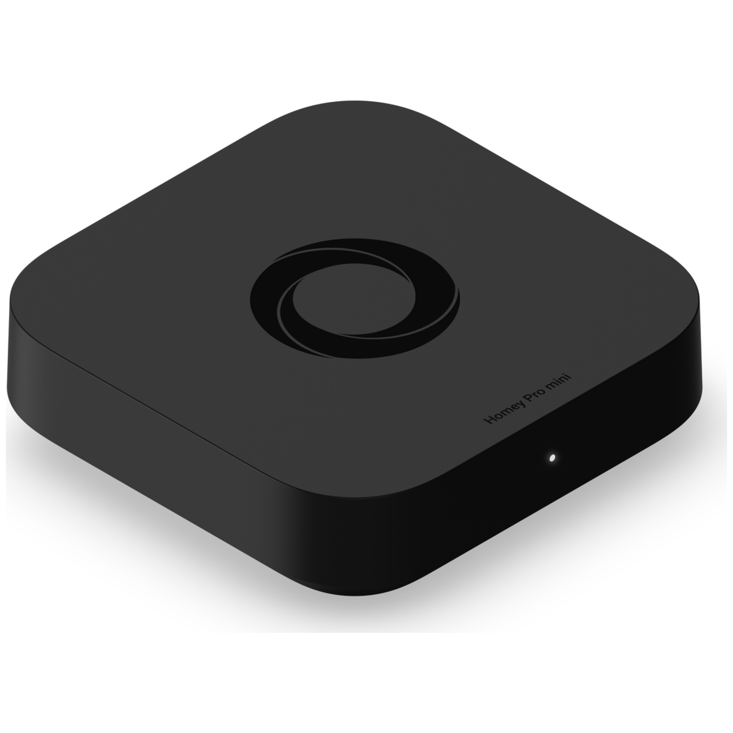 A black, square Homey Pro mini device with a logo and a light.
