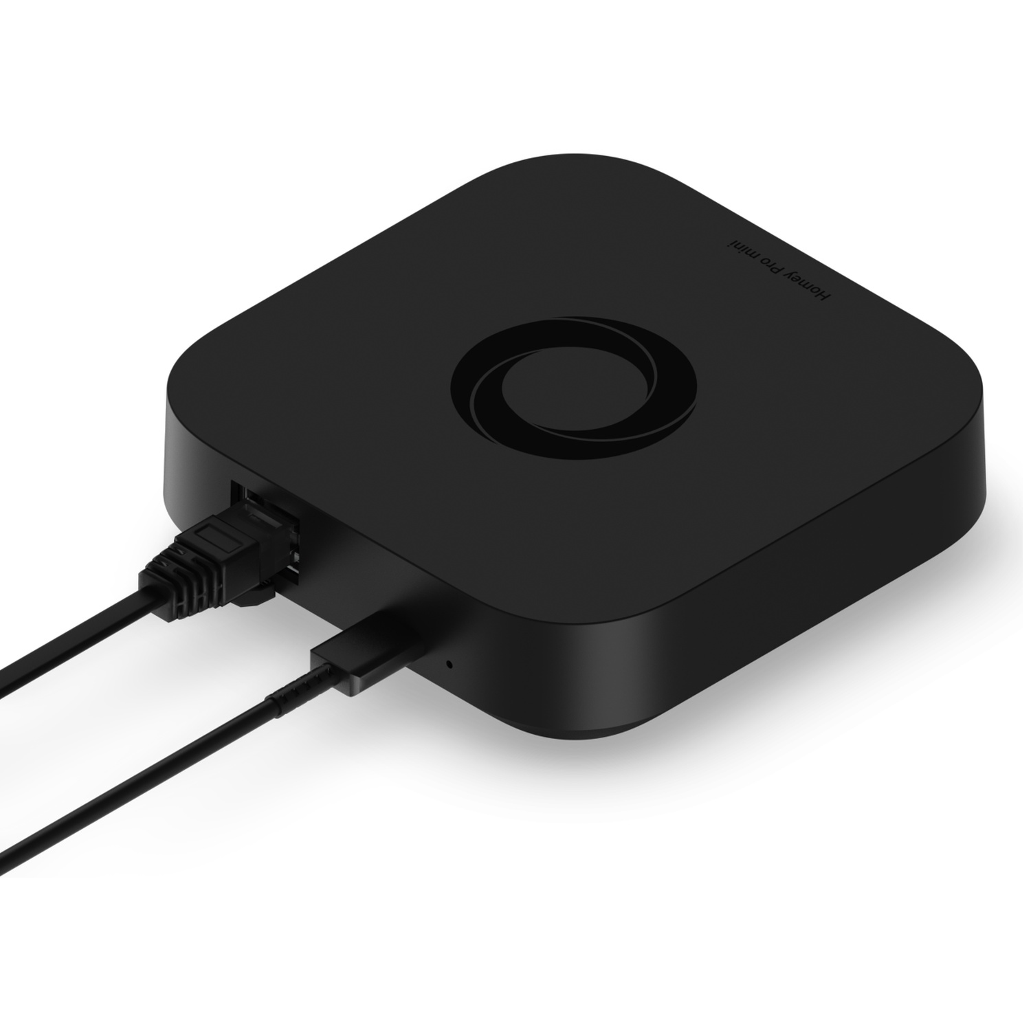Black Homey Pro Mini with cables, on a white background.