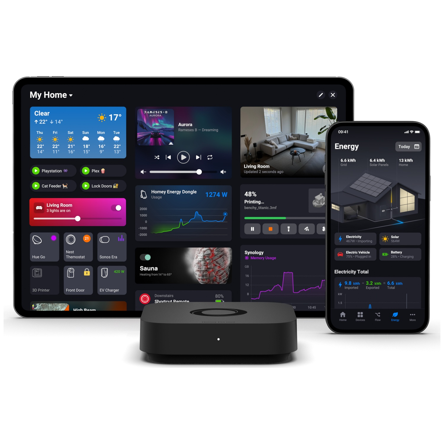 A smart home system on tablet and smartphone showing energy and device data.