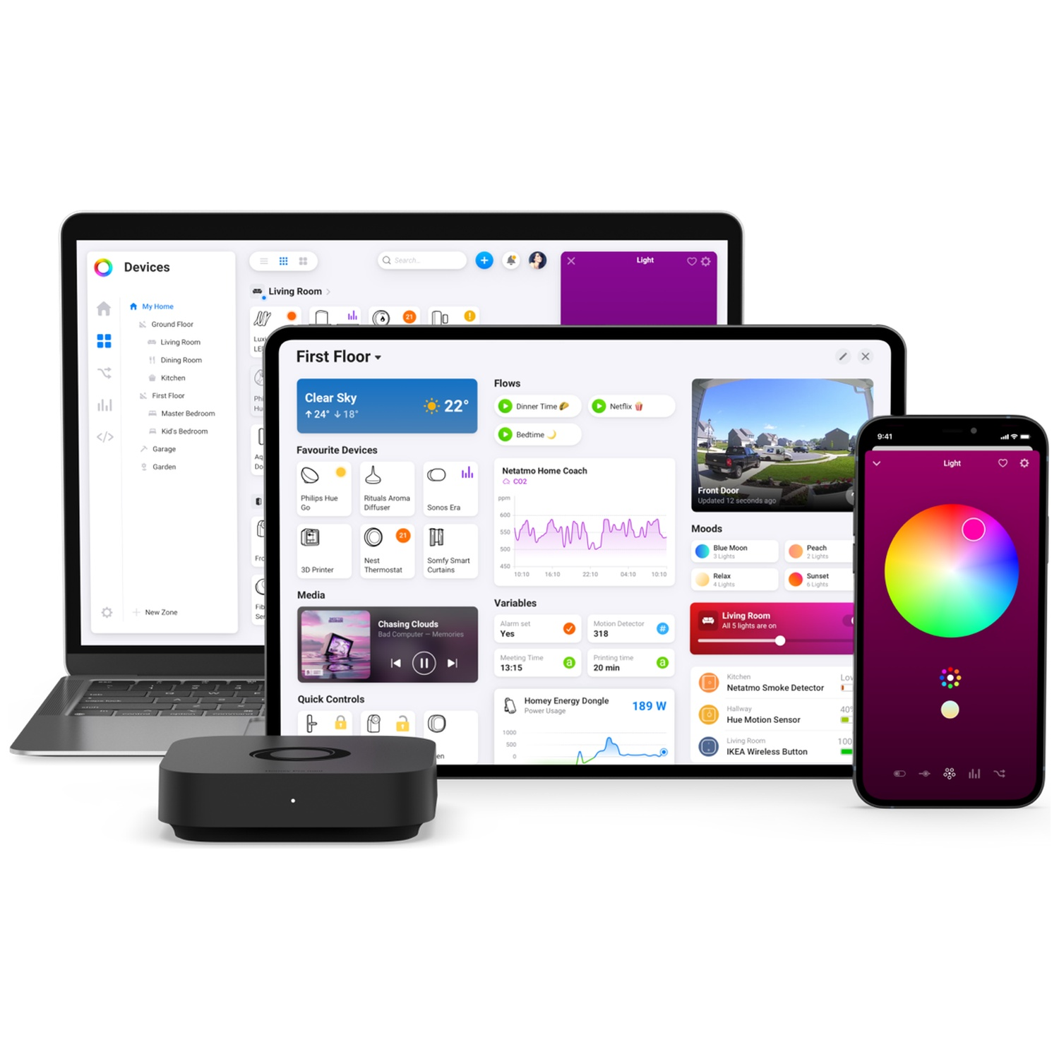 A laptop, tablet, and smartphone display a smart home app with lights, sensors, and devices.