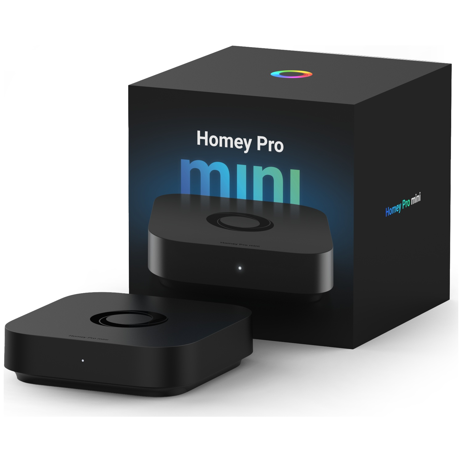 Black Homey Pro Mini device next to its black packaging.