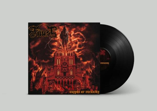 Schwarze Schallplatte neben Albumcover mit rotem Schloss und Sensenmann.