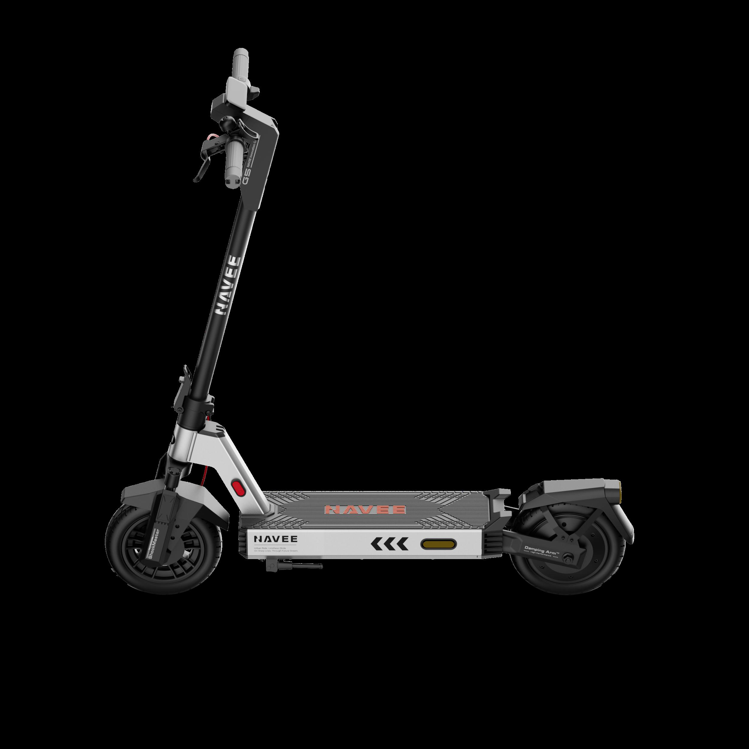 Ein silberner und schwarzer E-Scooter mit dem Markennamen NAVEE auf dem Lenker.