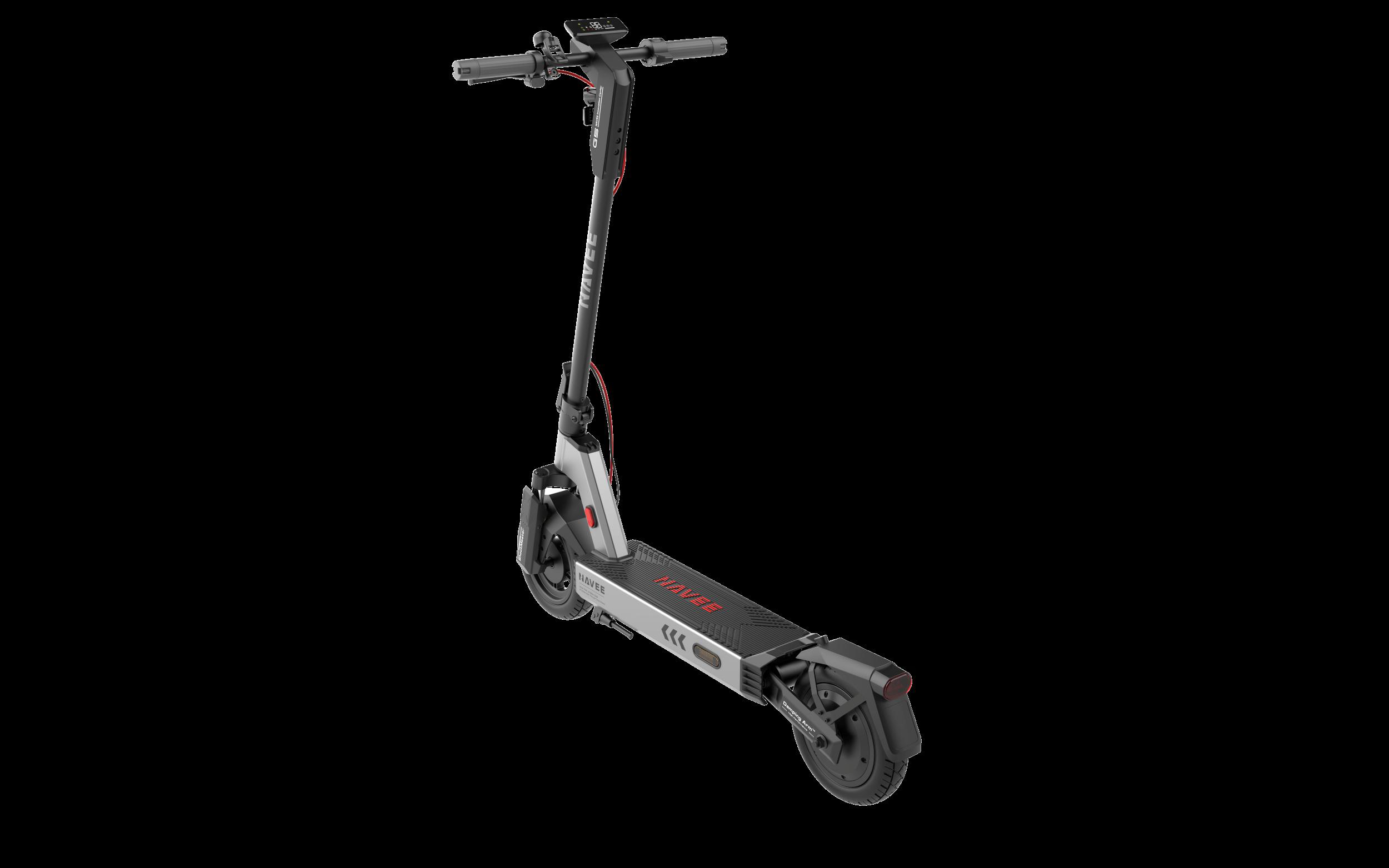 Ein silberner E-Scooter mit schwarzen und roten Akzenten steht vor schwarzem Hintergrund.