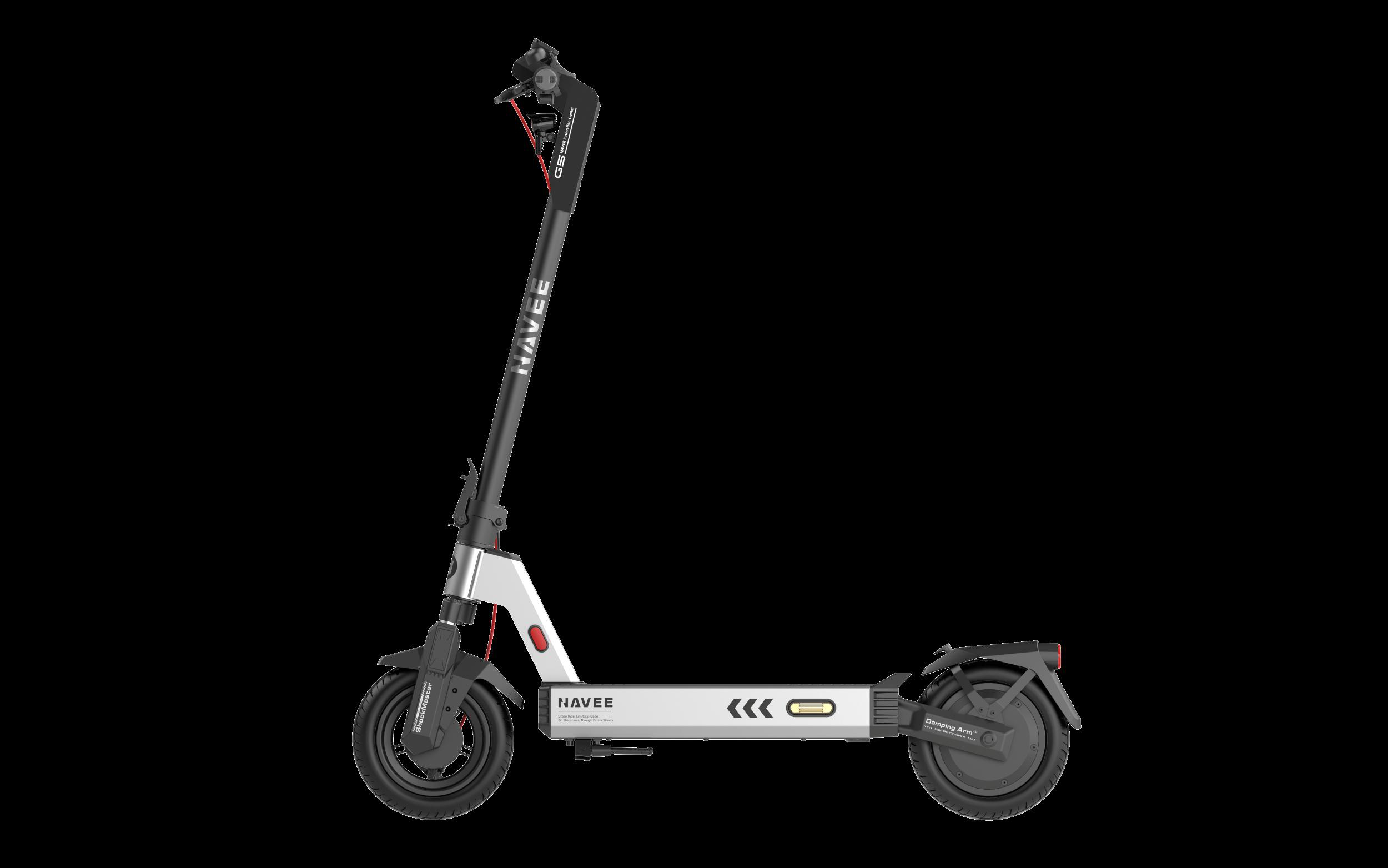 Ein silberner und schwarzer E-Scooter mit NAVEE-Logo auf schwarzem Hintergrund.
