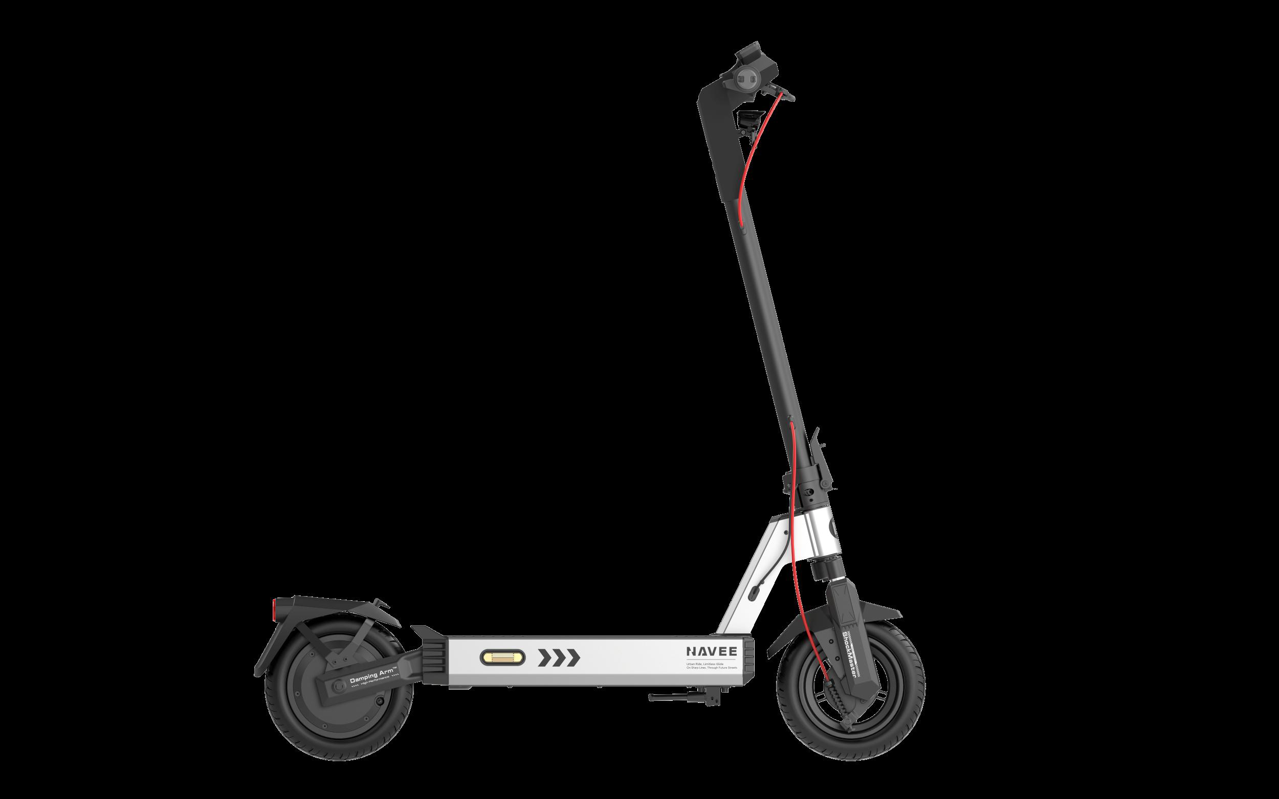 Ein weißer und schwarzer E-Scooter mit roten Akzenten steht auf schwarzem Hintergrund.