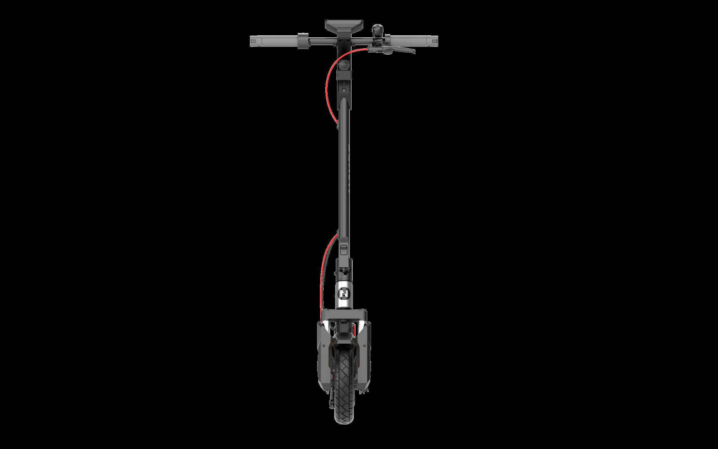 Ein grauer Elektroroller mit rotem Kabel, von vorne gesehen.