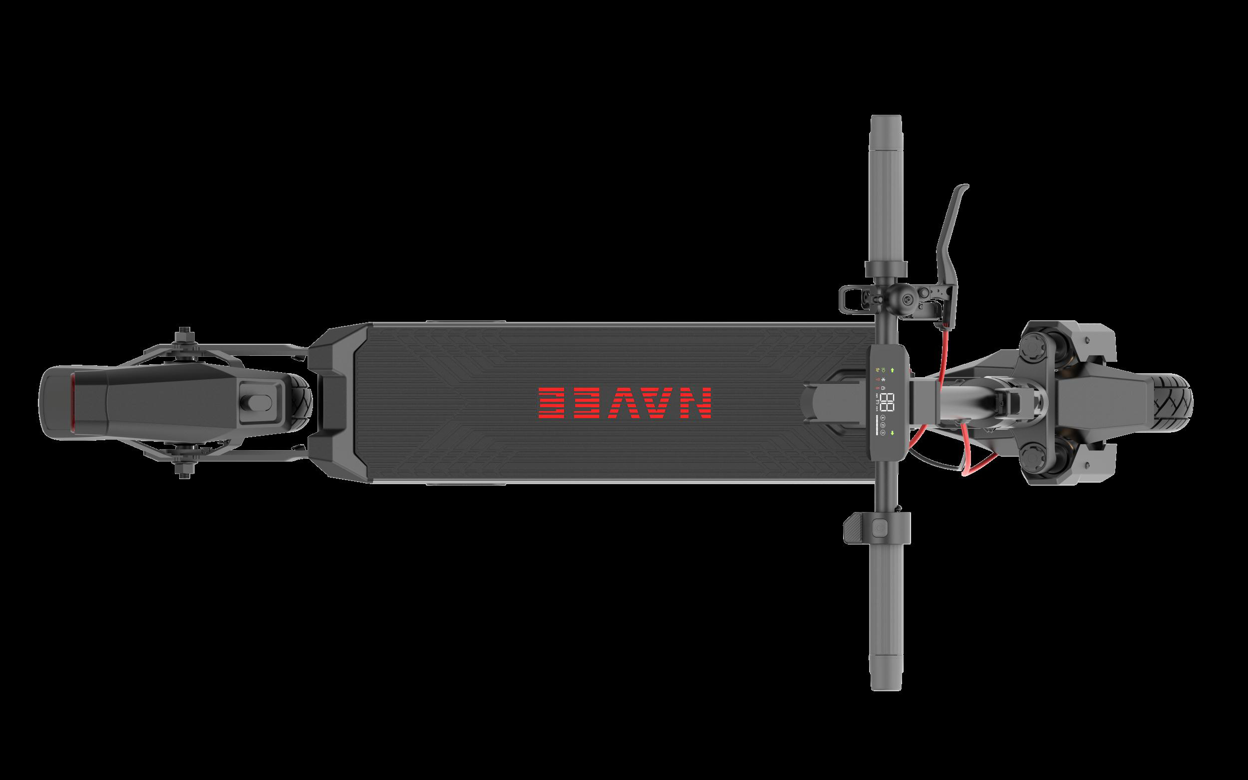 Grauer Elektroroller von oben mit rotem NAVEE-Logo und Display.