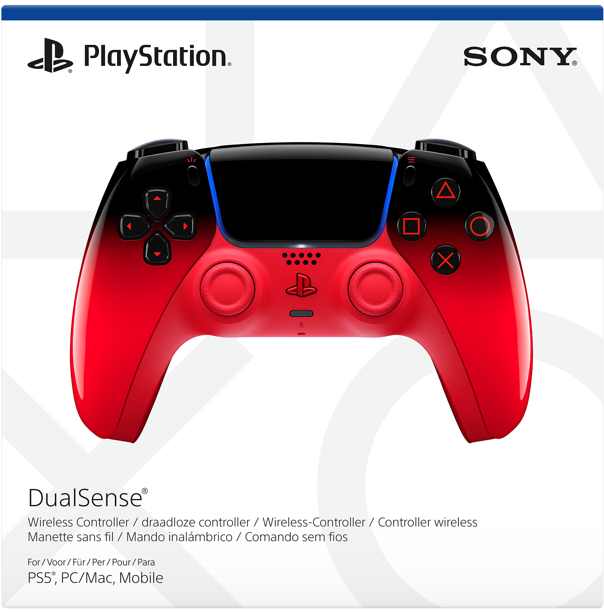 Ein roter und schwarzer PlayStation DualSense-Controller mit "SONY" und "PlayStation" Logos.
