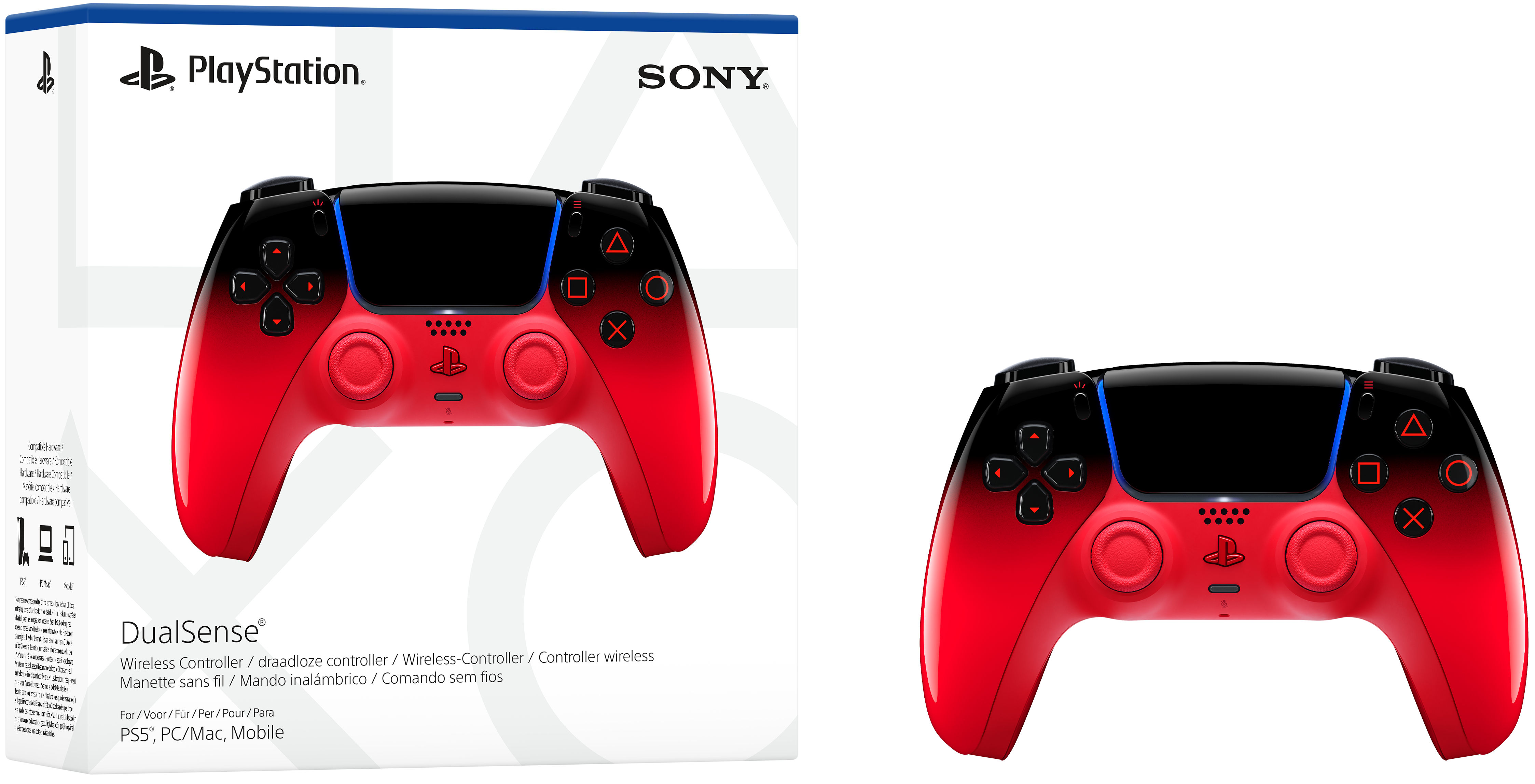 PlayStation DualSense Controller in Rot-Schwarz-Farbverlauf, auf Box und Hintergrund.