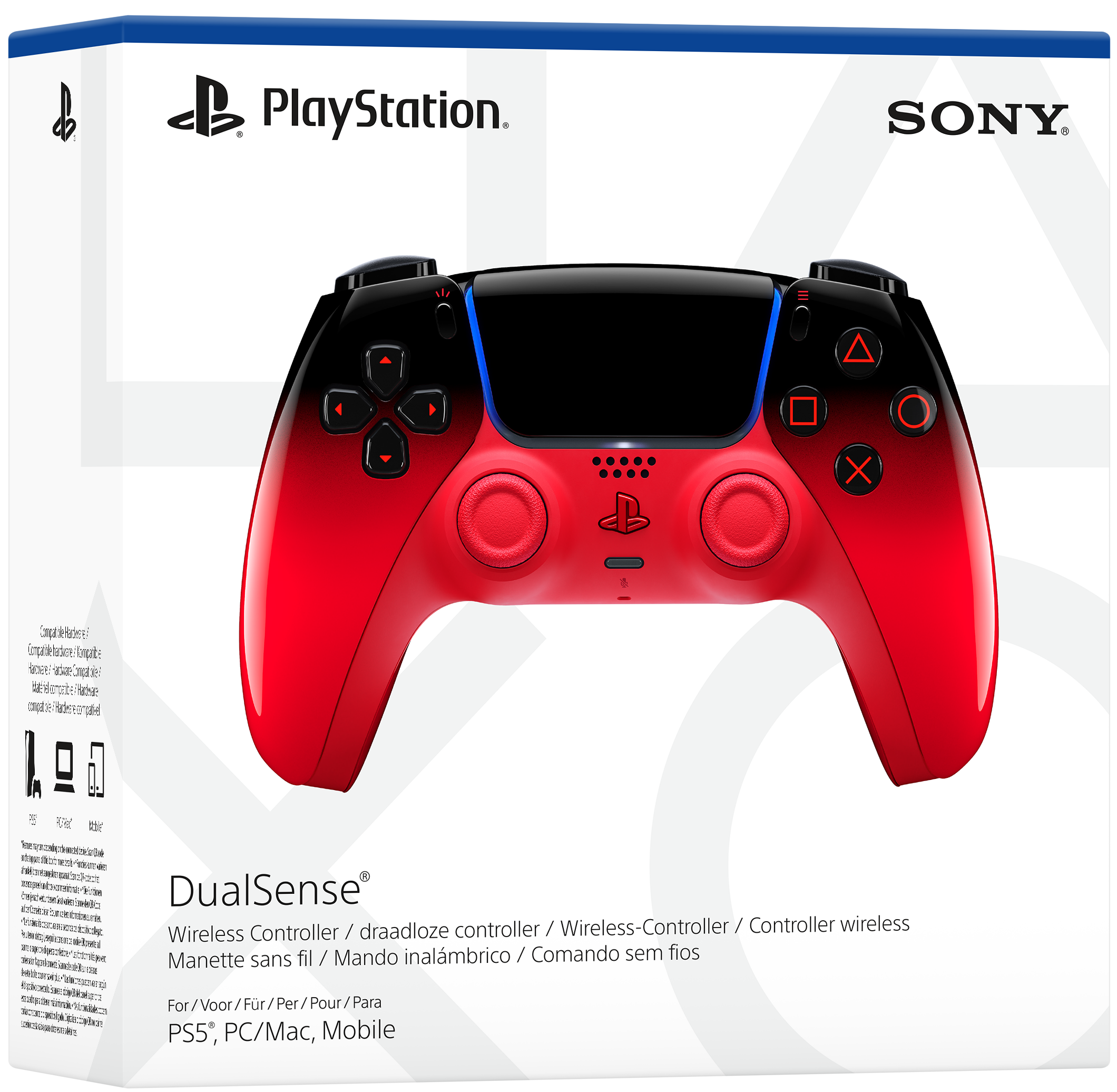 Rote und schwarze DualSense-Controller-Verpackung mit PlayStation- und Sony-Logo.