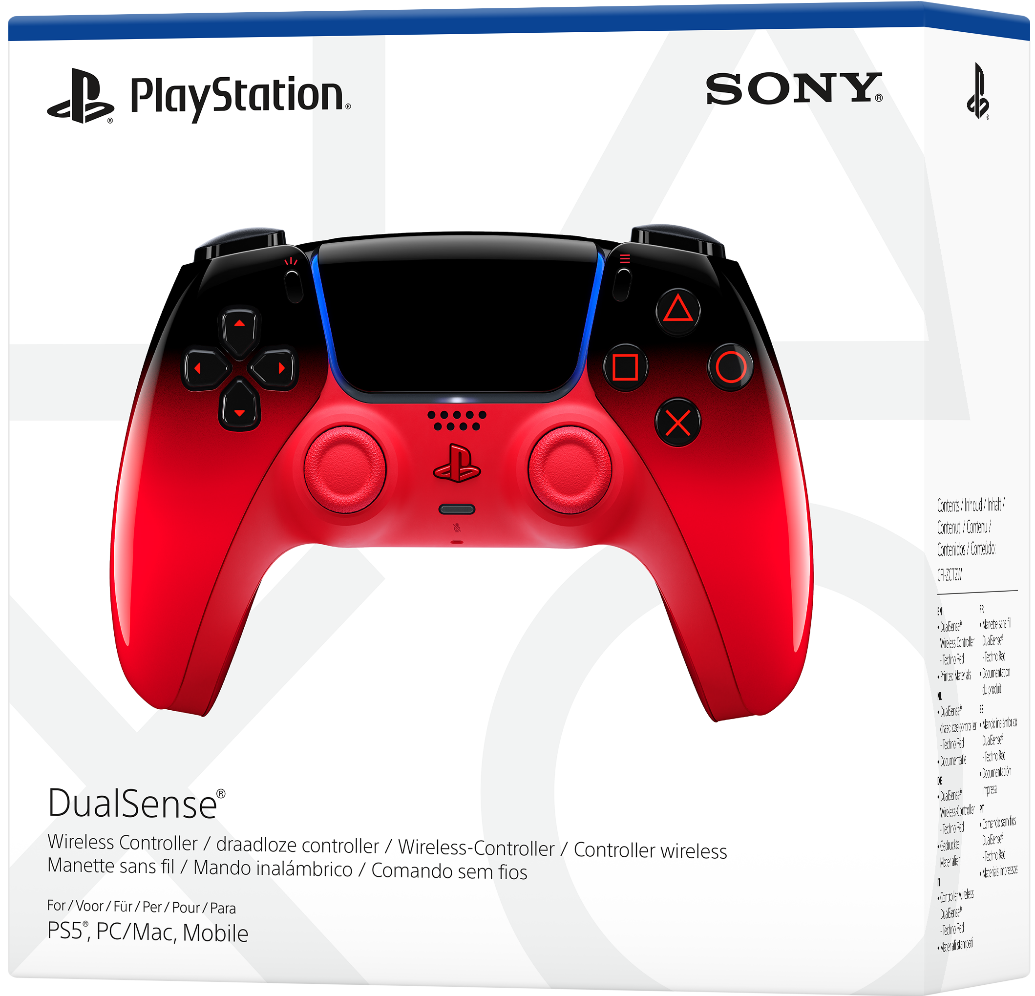 Rote und schwarze PlayStation DualSense-Controller-Verpackung mit Sony-Logo.