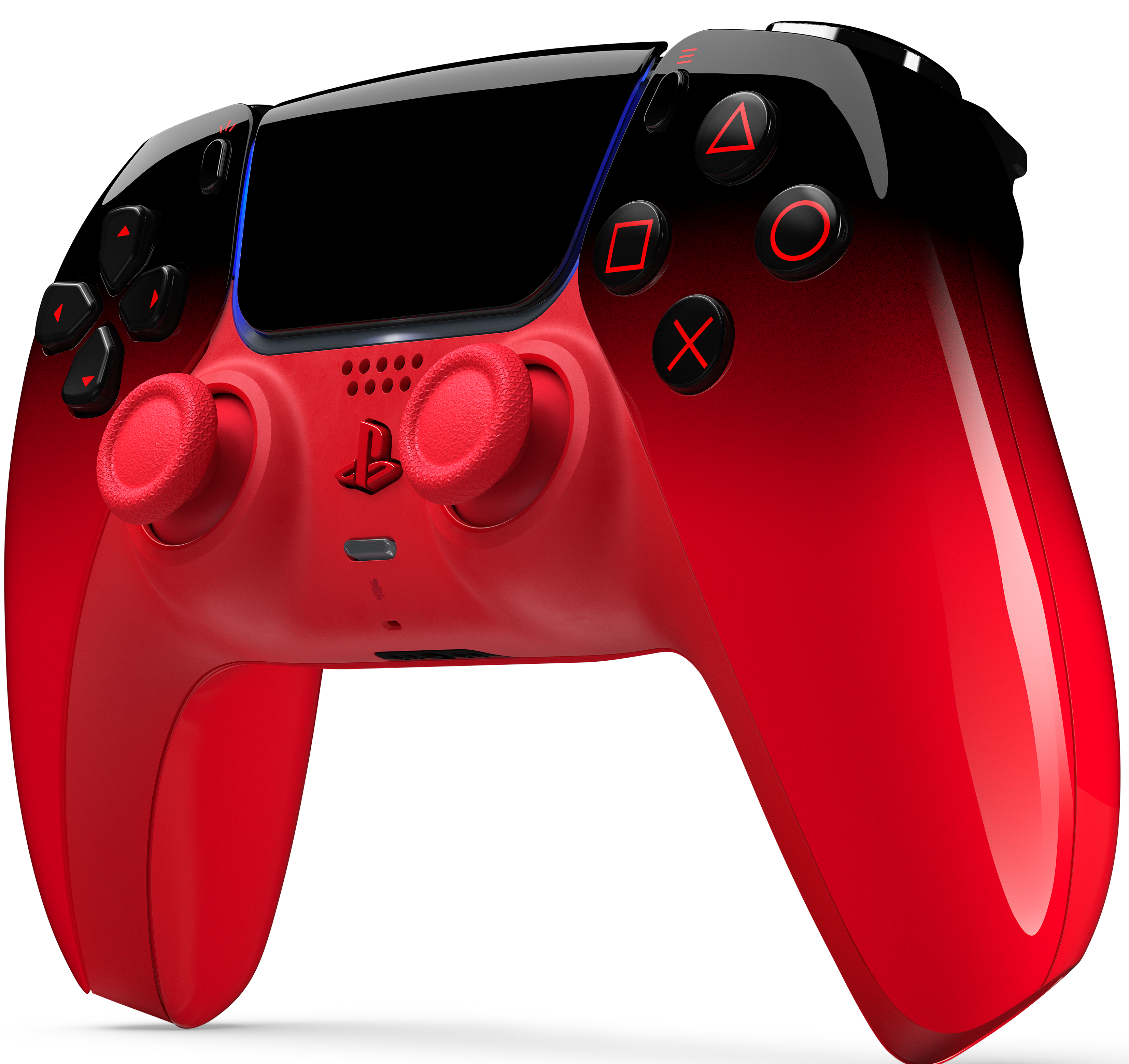 Ein roter und schwarzer Gaming-Controller mit leuchtenden Tasten.