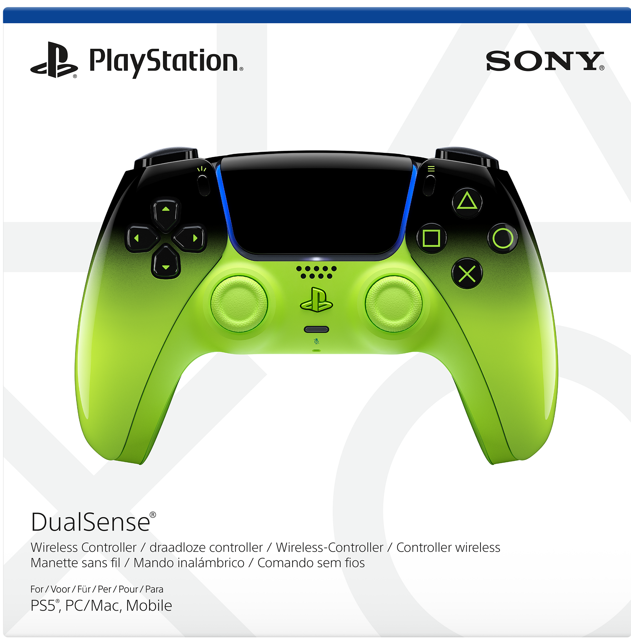 Ein grün-schwarzer DualSense PS5 Controller mit PlayStation- und Sony-Logos.