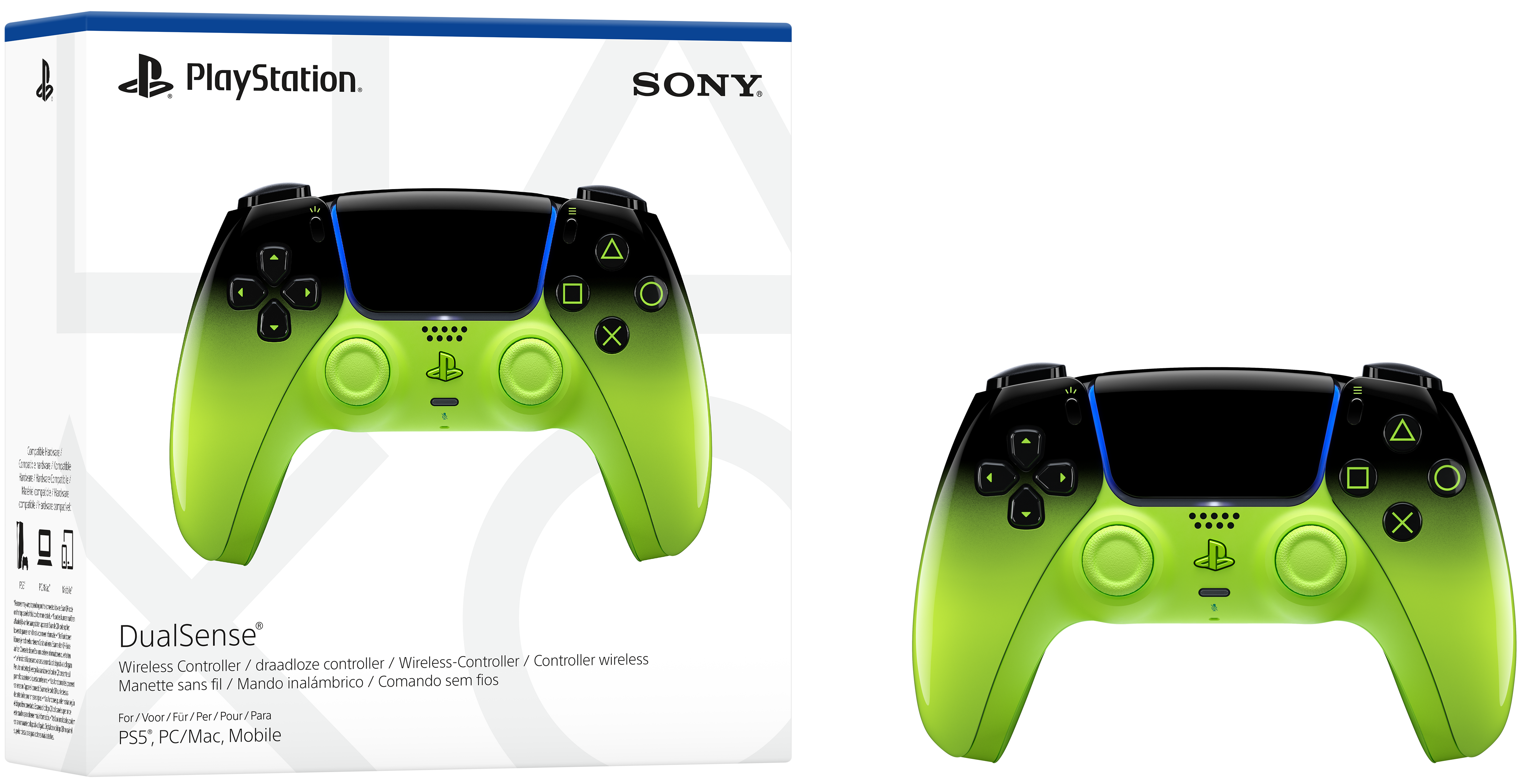 Ein leuchtend grüner DualSense-Controller mit schwarzem Akzent und Sony PlayStation-Verpackung.
