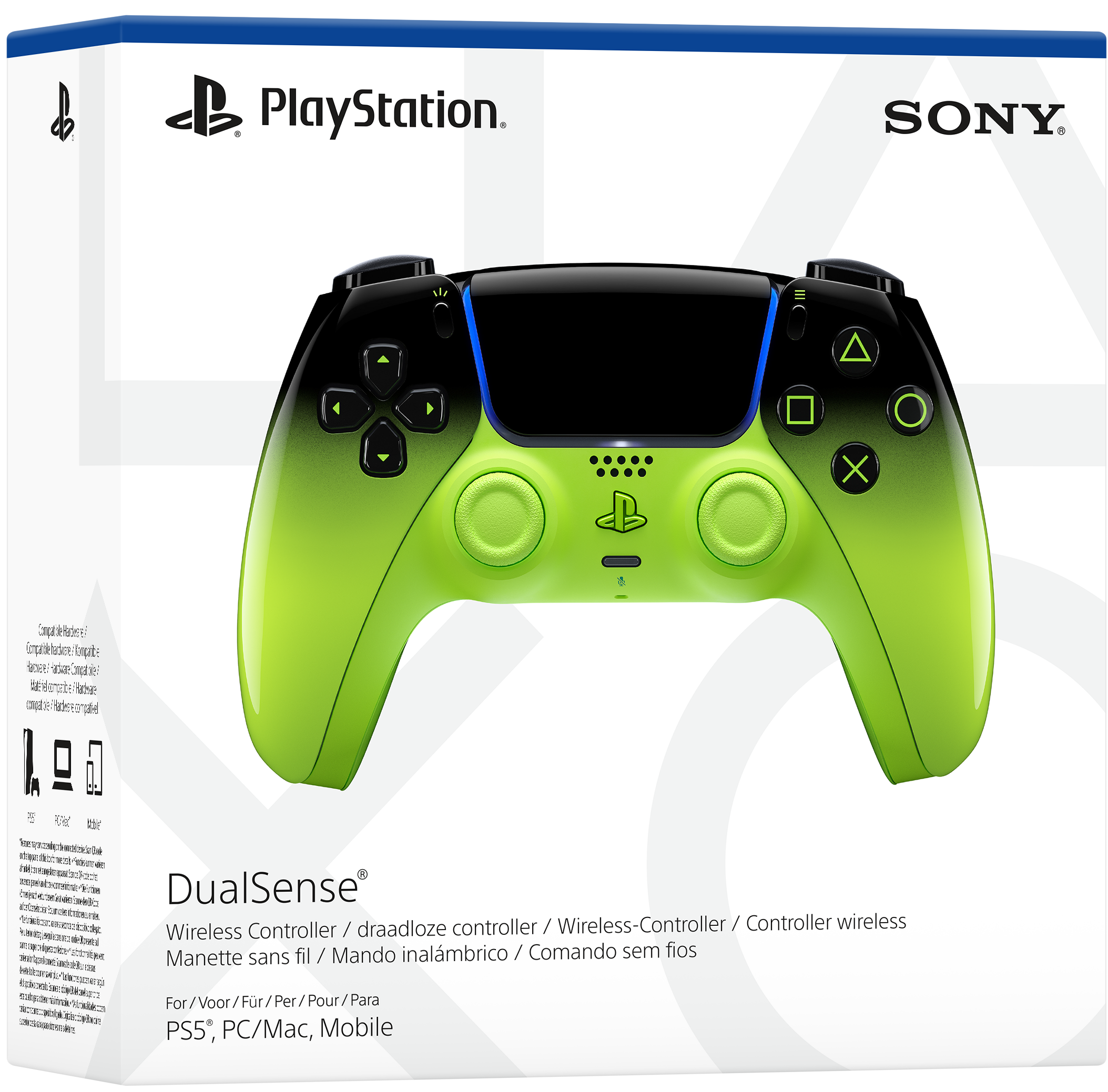 Ein schwarzer und grüner PlayStation DualSense-Controller auf seiner Verpackung.