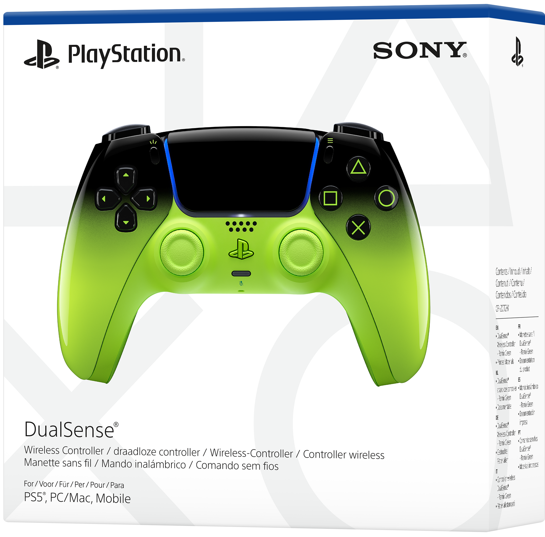 Schwarzer und grüner DualSense PS5-Controller mit Sony- und PlayStation-Logo.