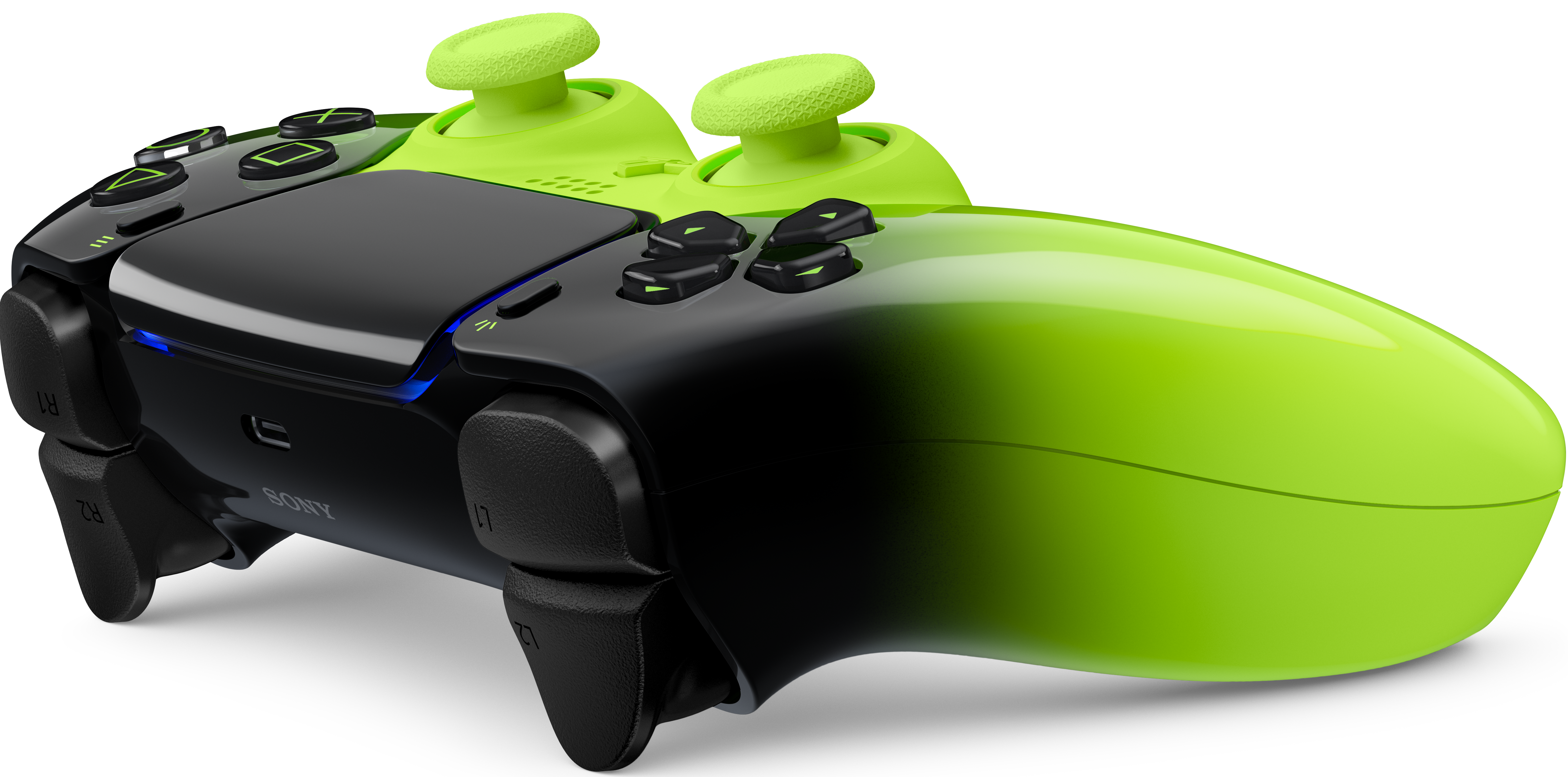 Ein Controller mit schwarzem und neongrünem Farbverlauf, der auf weißem Hintergrund steht.