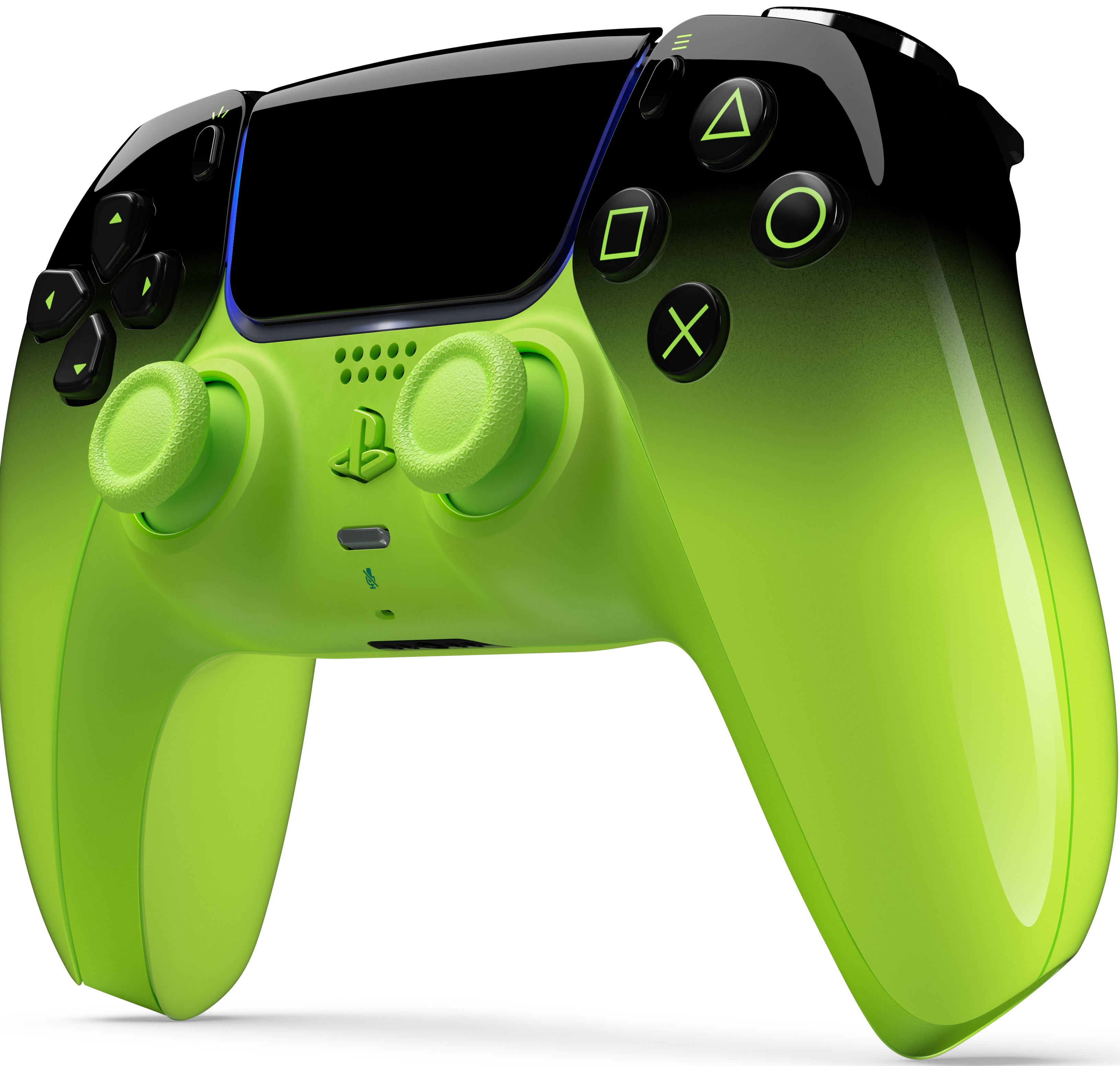 Ein leuchtend grüner und schwarzer Controller mit PlayStation-Symbolen.
