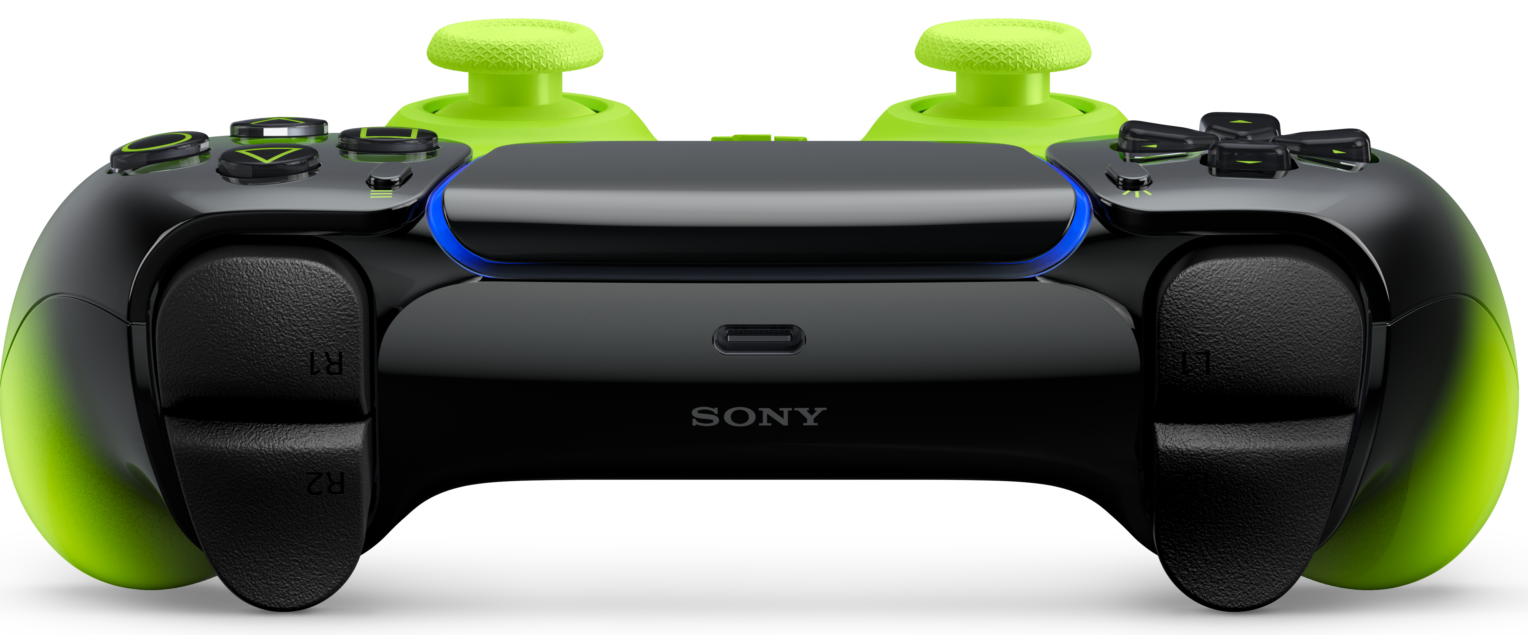 Schwarzer Controller mit neongrünen Akzenten und blauer Beleuchtung.