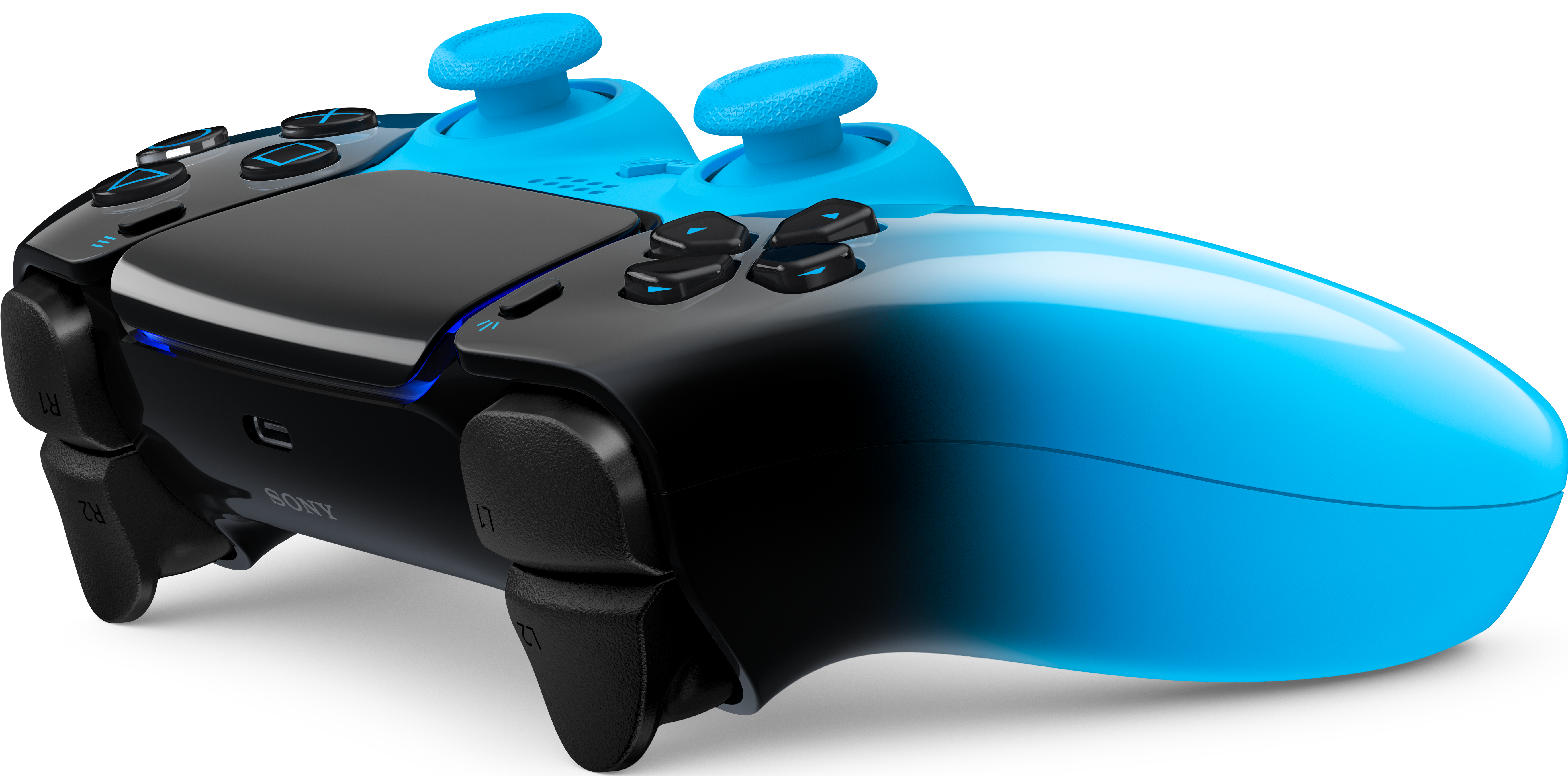Ein schwarzer und blauer PlayStation 5 Controller mit leuchtenden Akzenten.