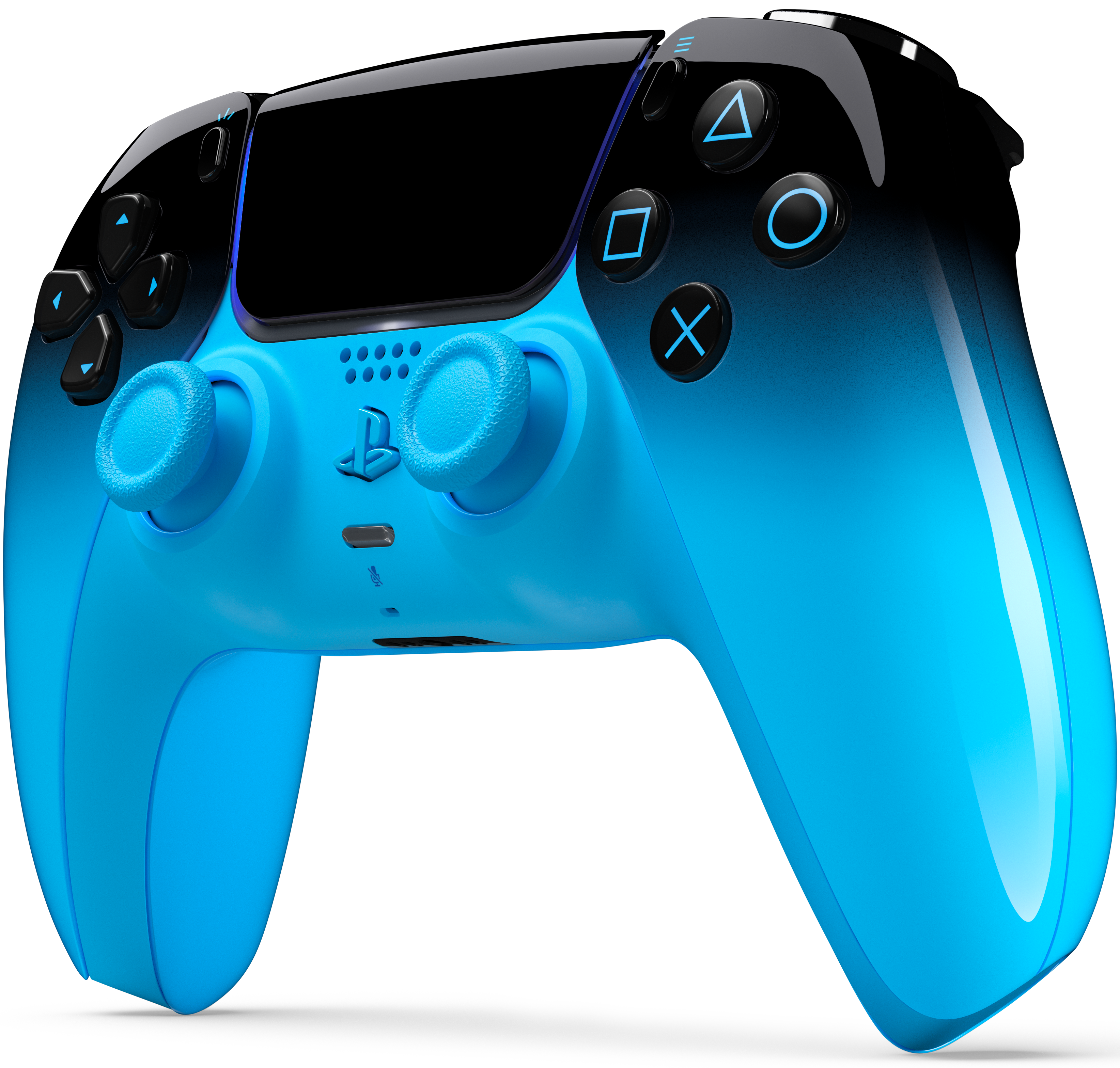 Ein blauer und schwarzer Controller mit leuchtenden Akzenten auf schwarzem Hintergrund.