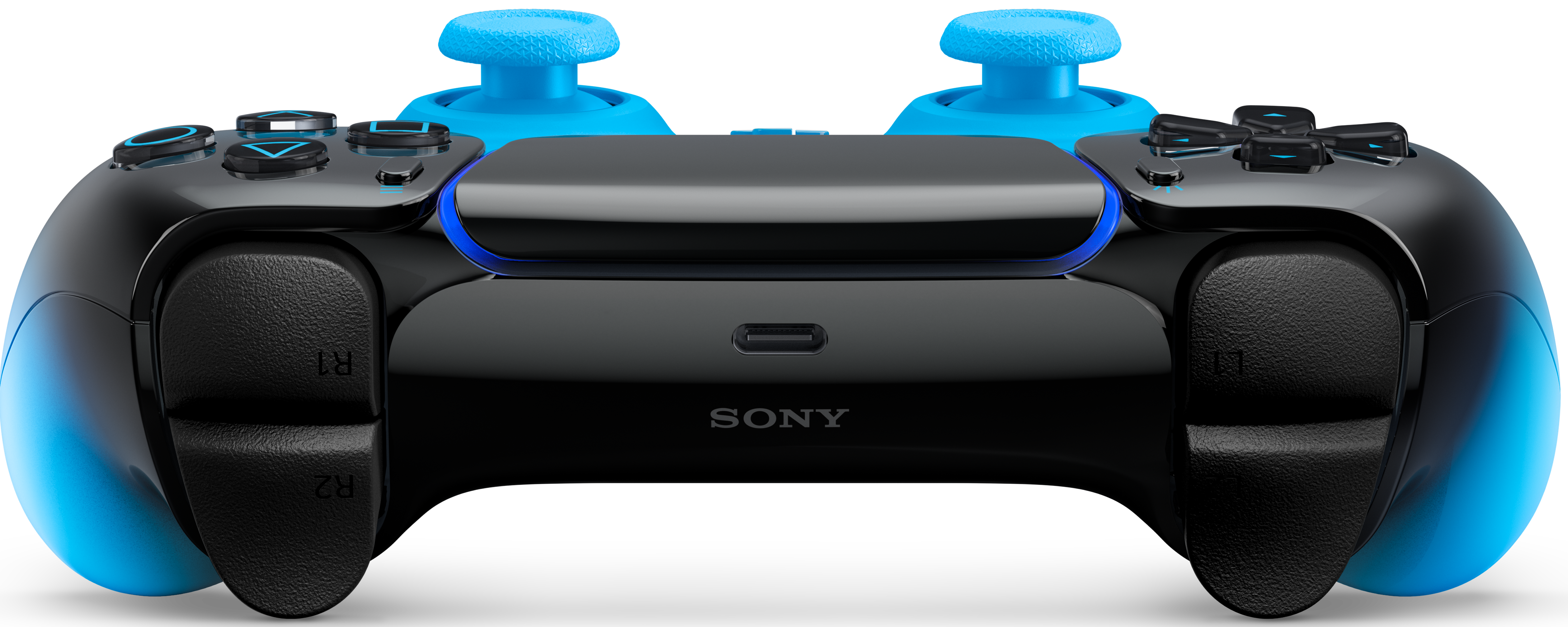 Schwarzer Controller mit blauen Akzenten und Joysticks, Sony-Logo.