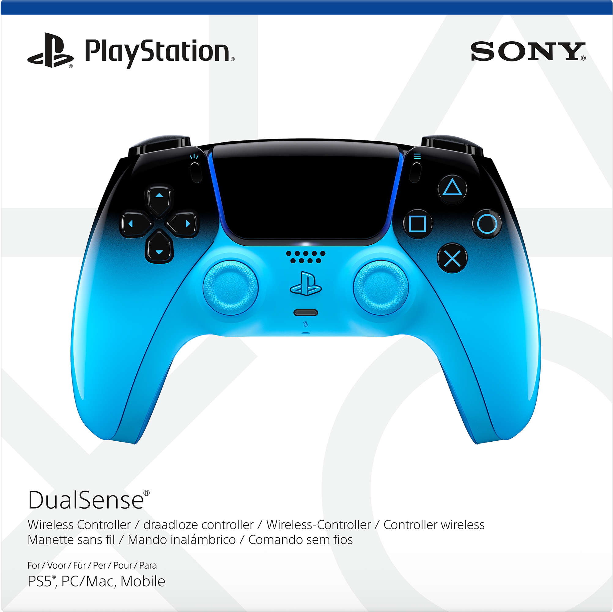 Ein blauer und schwarzer DualSense-Controller für PS5, PC/Mac, Mobilgeräte.