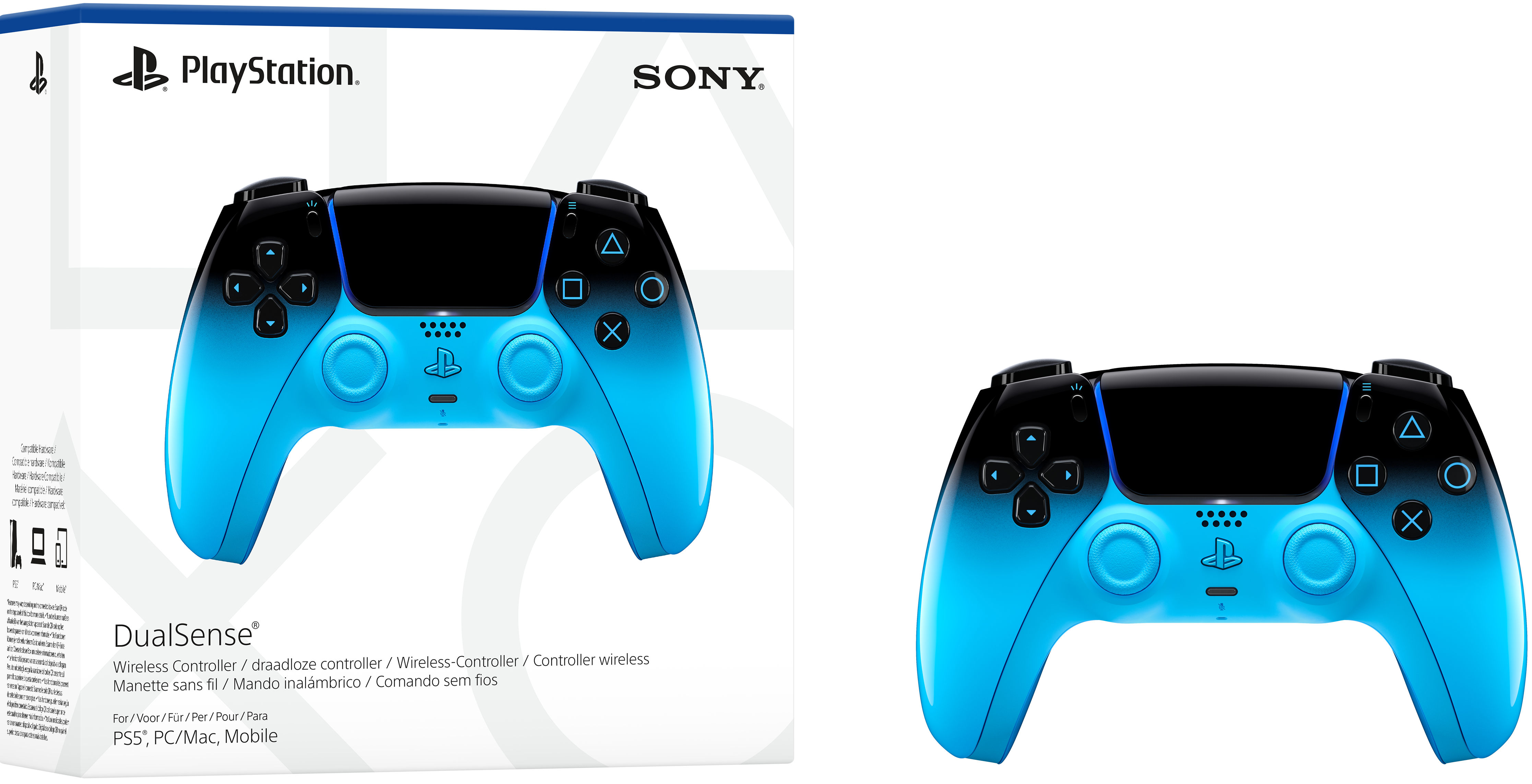 PlayStation DualSense Controller in Blau und Schwarz, mit Verpackung.