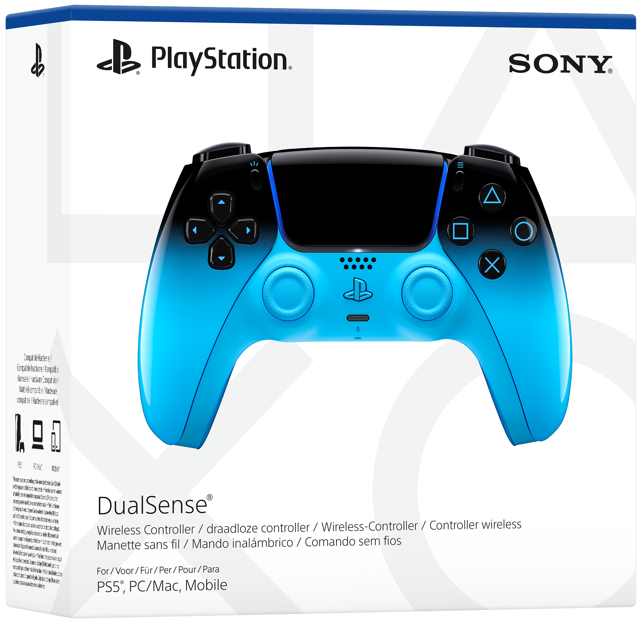Ein blauer und schwarzer PlayStation DualSense Controller auf seiner Verpackung.